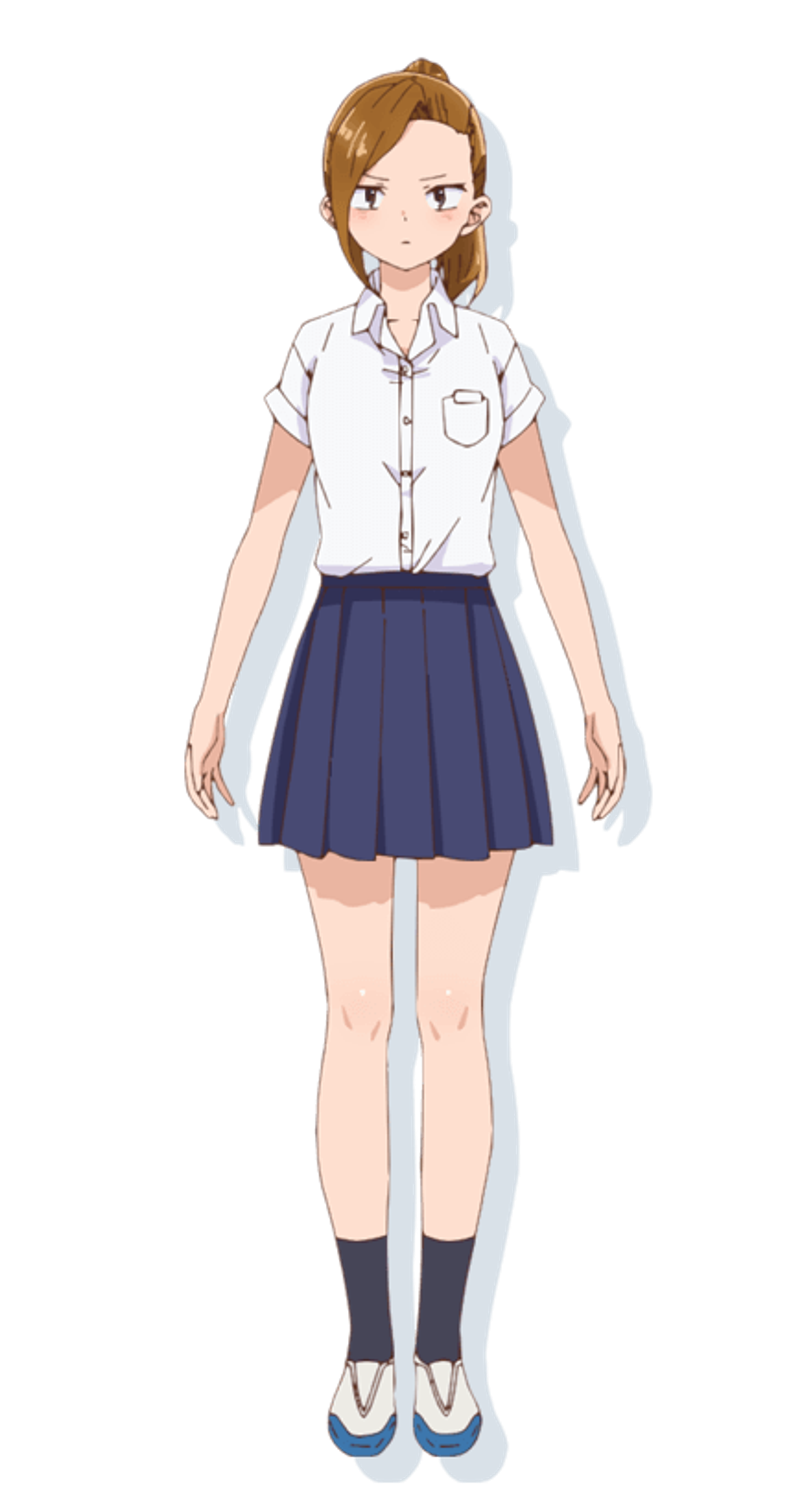 An anime-style female character with brown hair in a ponytail, wearing a white shirt, navy blue skirt, and white socks.