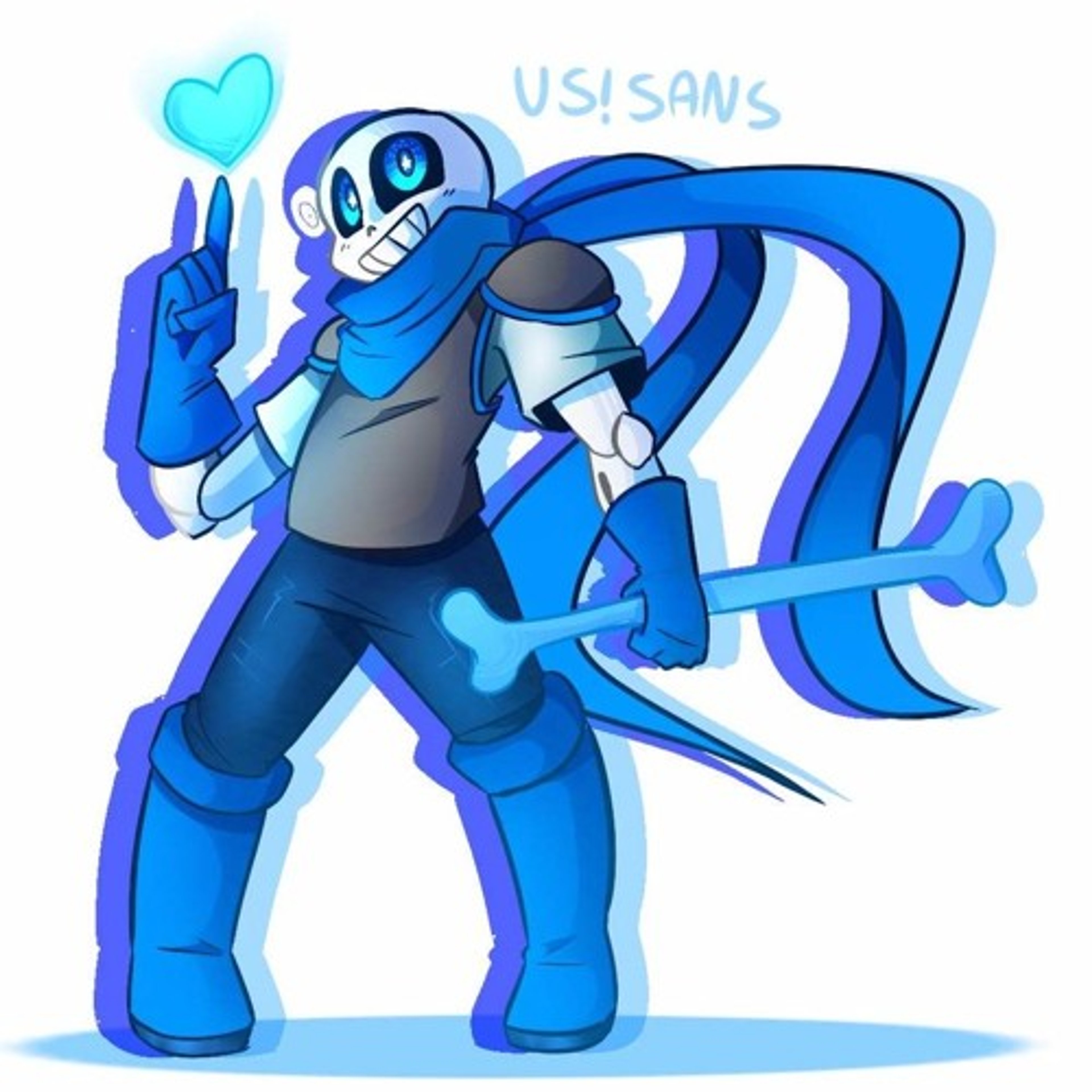 A cute blue skeleton character making a peace sign gesture