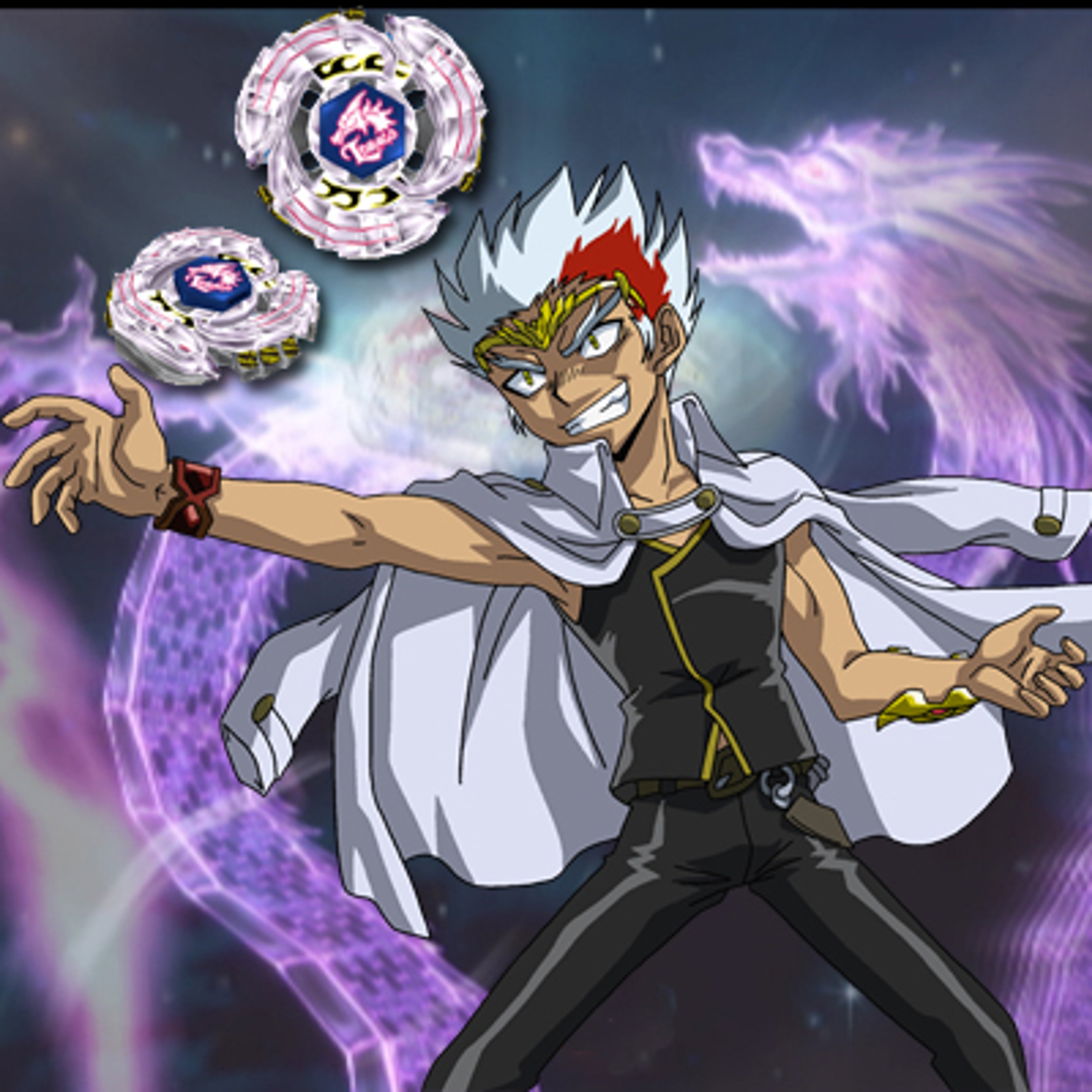 A powerful Beyblader character with white and red hair, wearing dragon-themed attire and wielding a Beyblade.