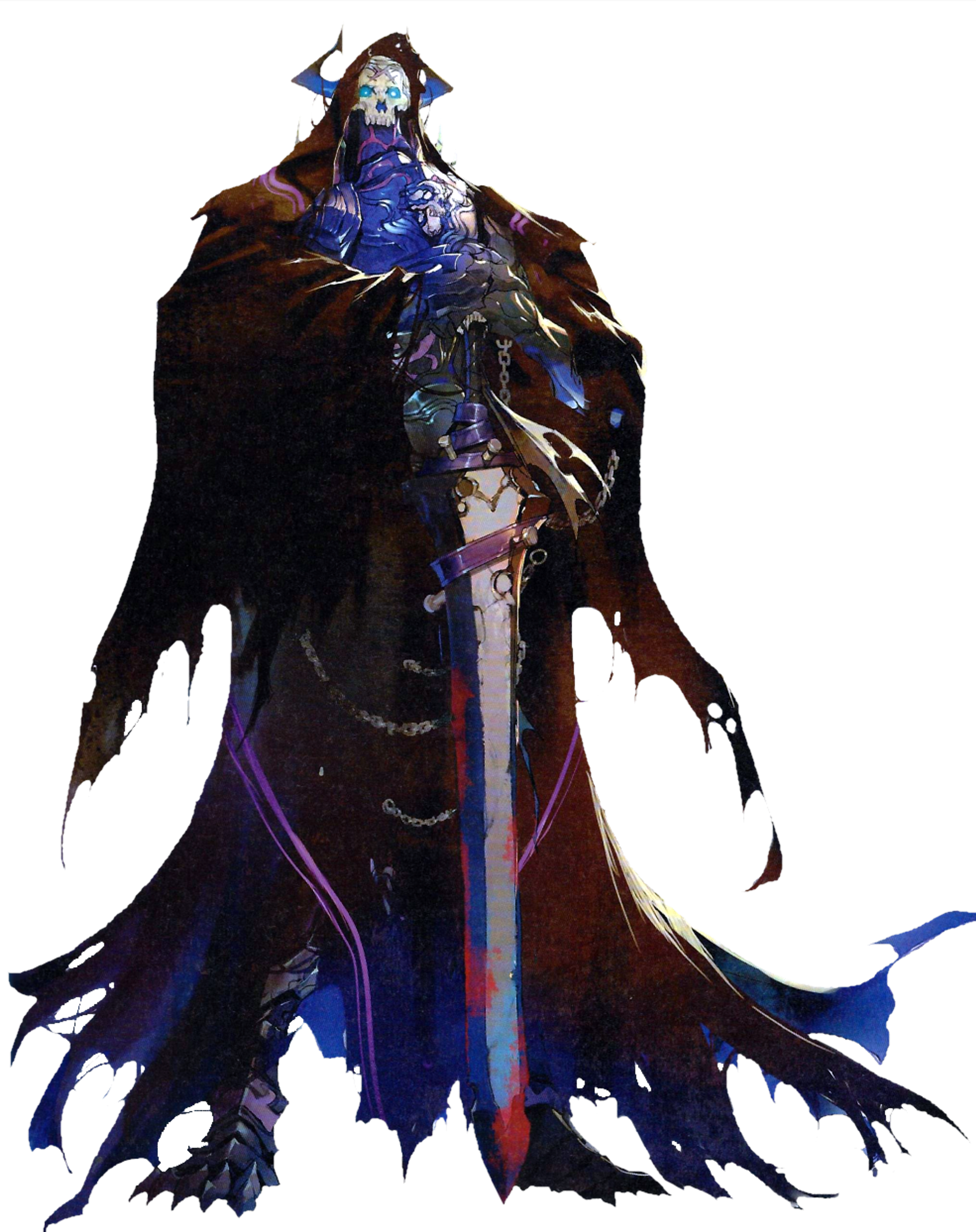 A powerful, mysterious figure in dark robes and armor, wielding a large sword.