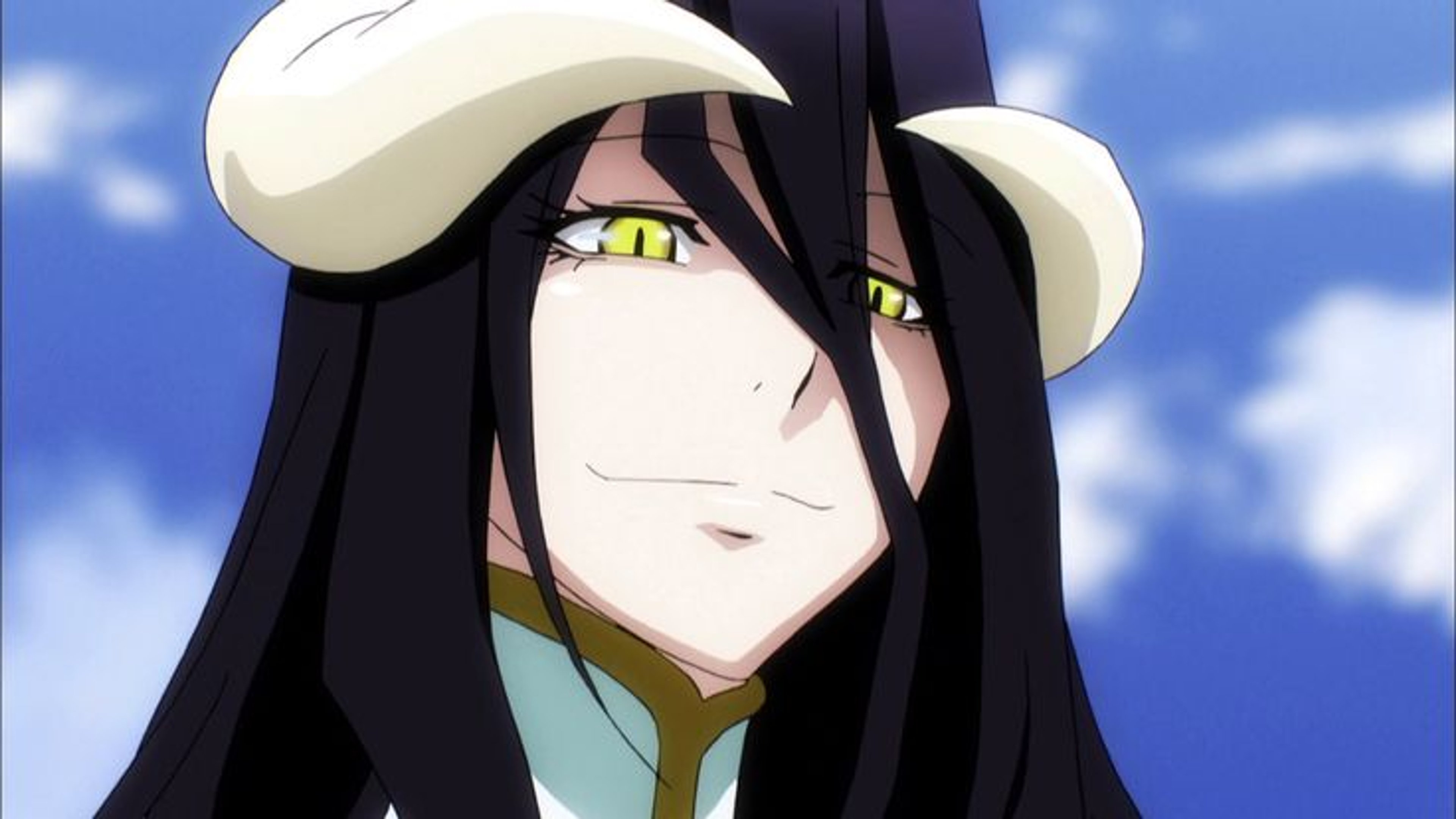 A female anime character with long black hair, pale skin, and green eyes wearing a black dress and white hat