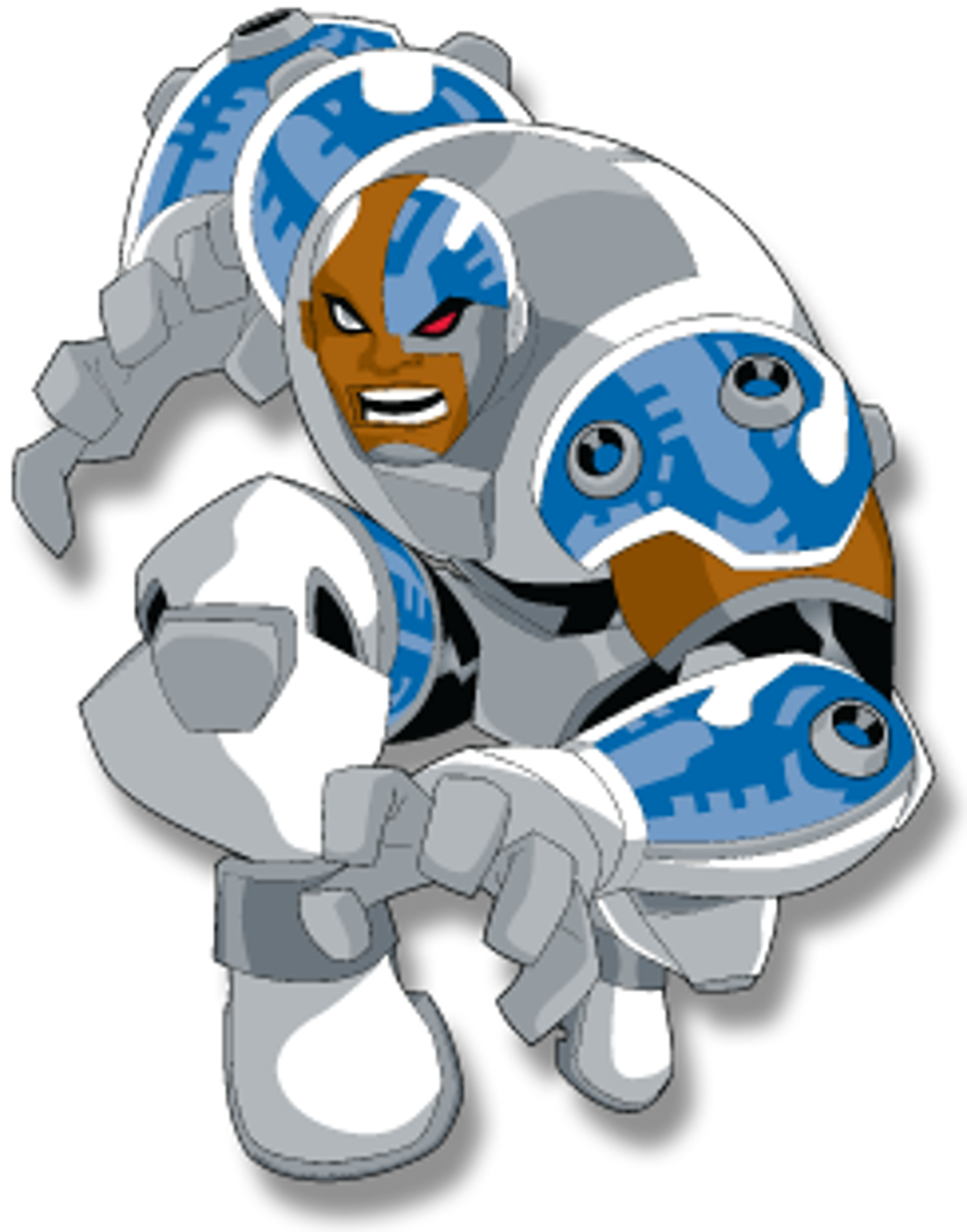 A cybernetically-enhanced superhero character with a robotic body and mechanical enhancements.
