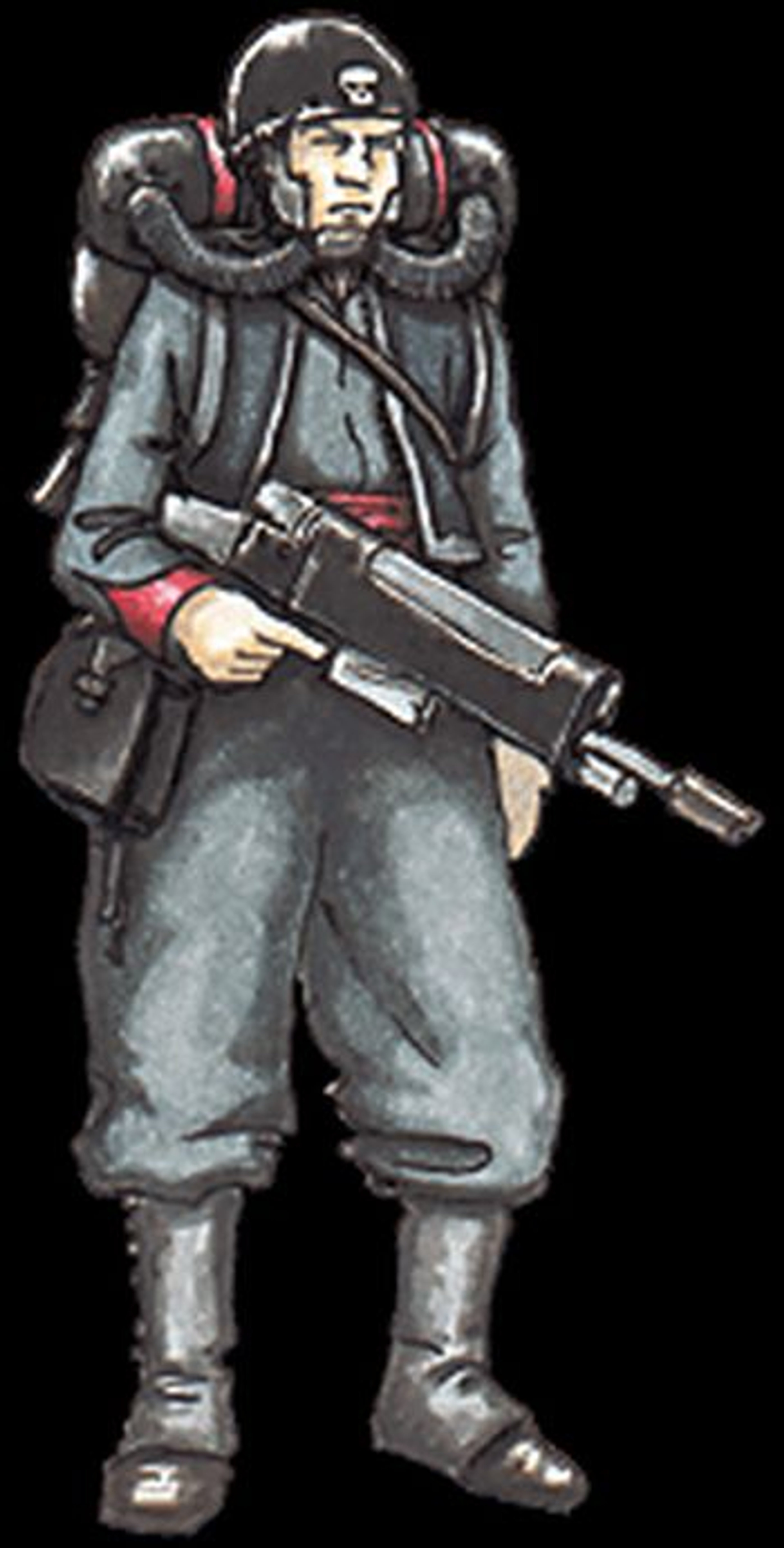 A military character in dark camouflage clothing holding a silenced firearm