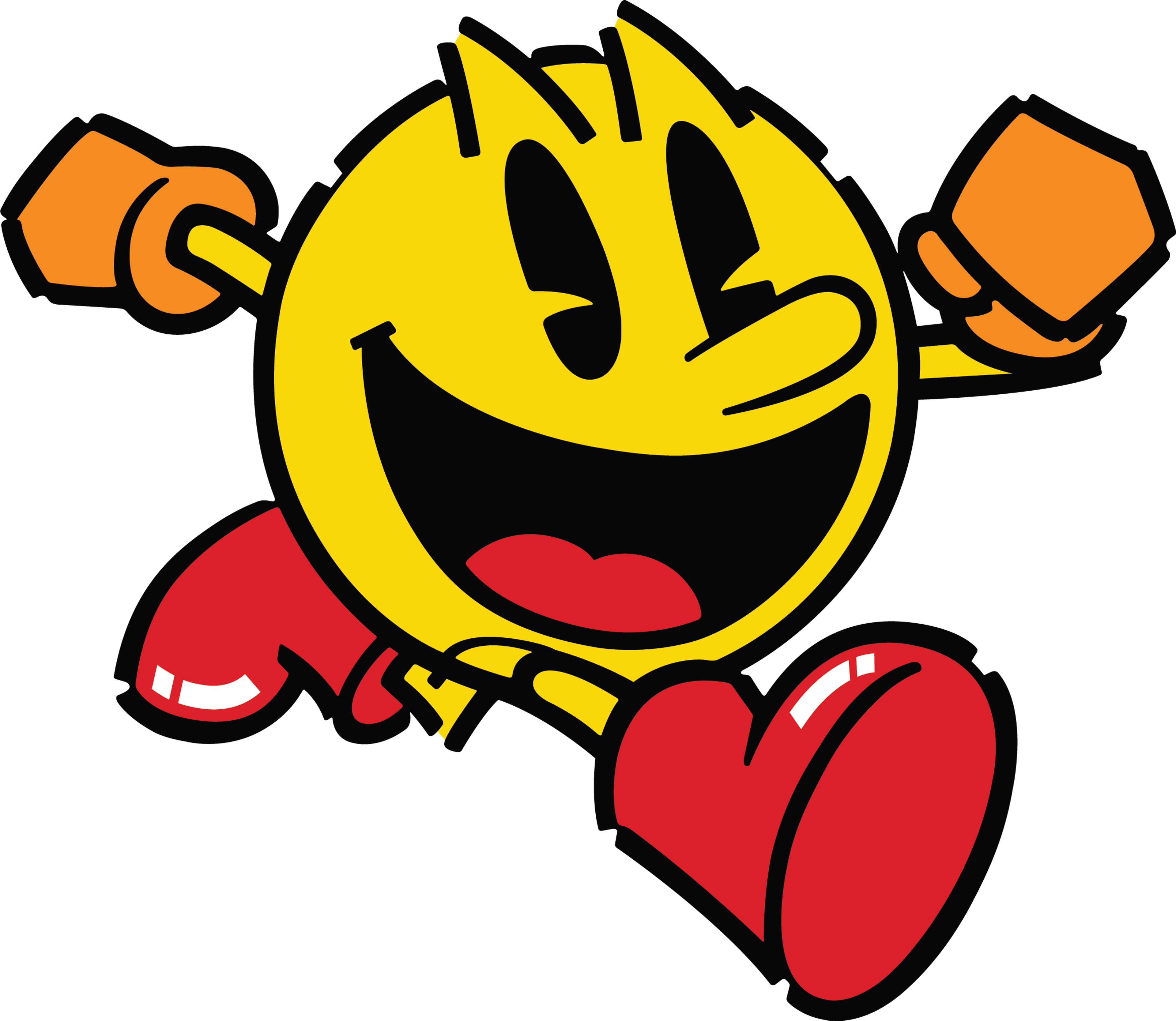 Pac-Man character in yellow, circular form with red boots and orange gloves