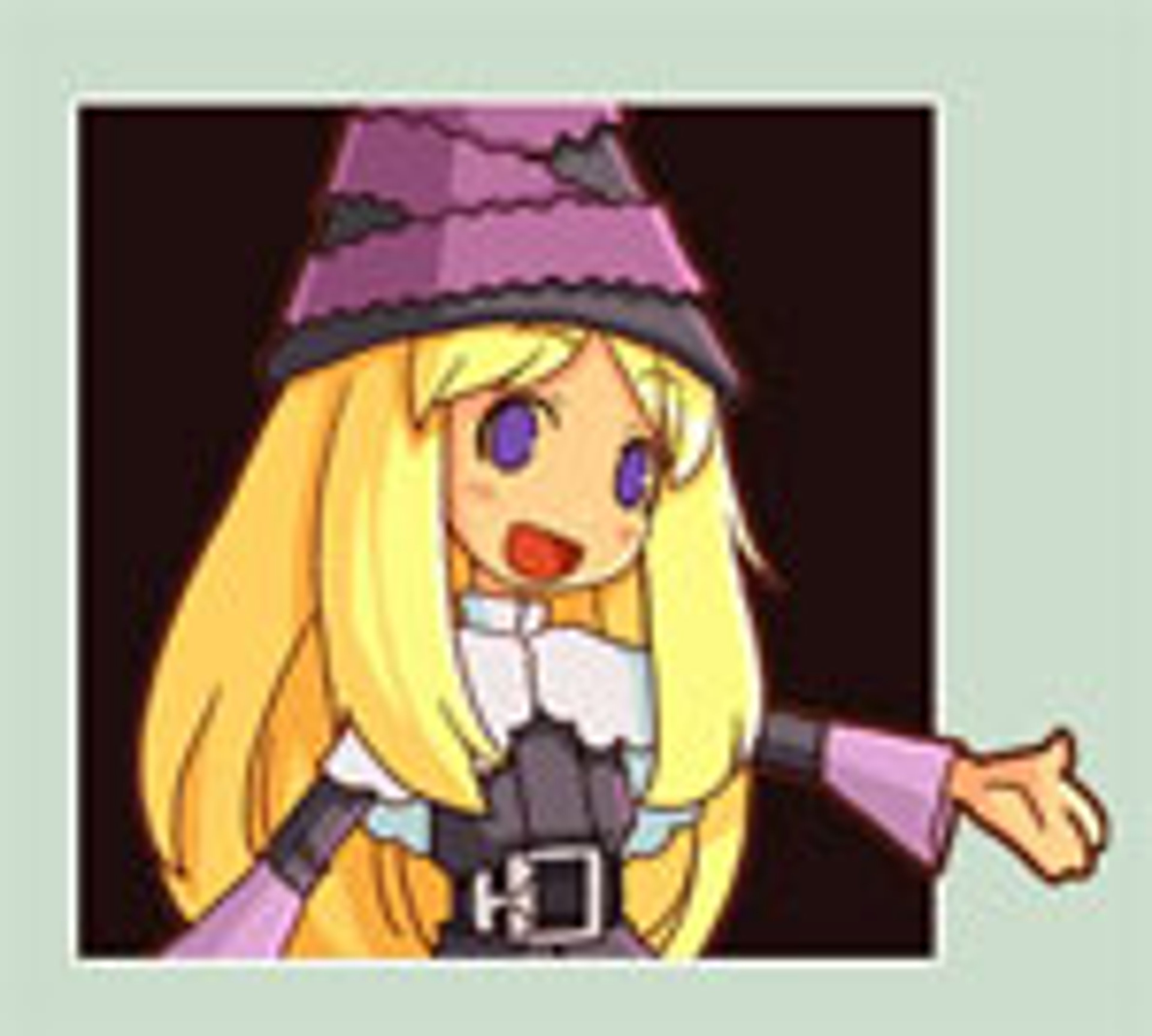 An anime-style character with long blonde hair wearing a purple hat and outfit