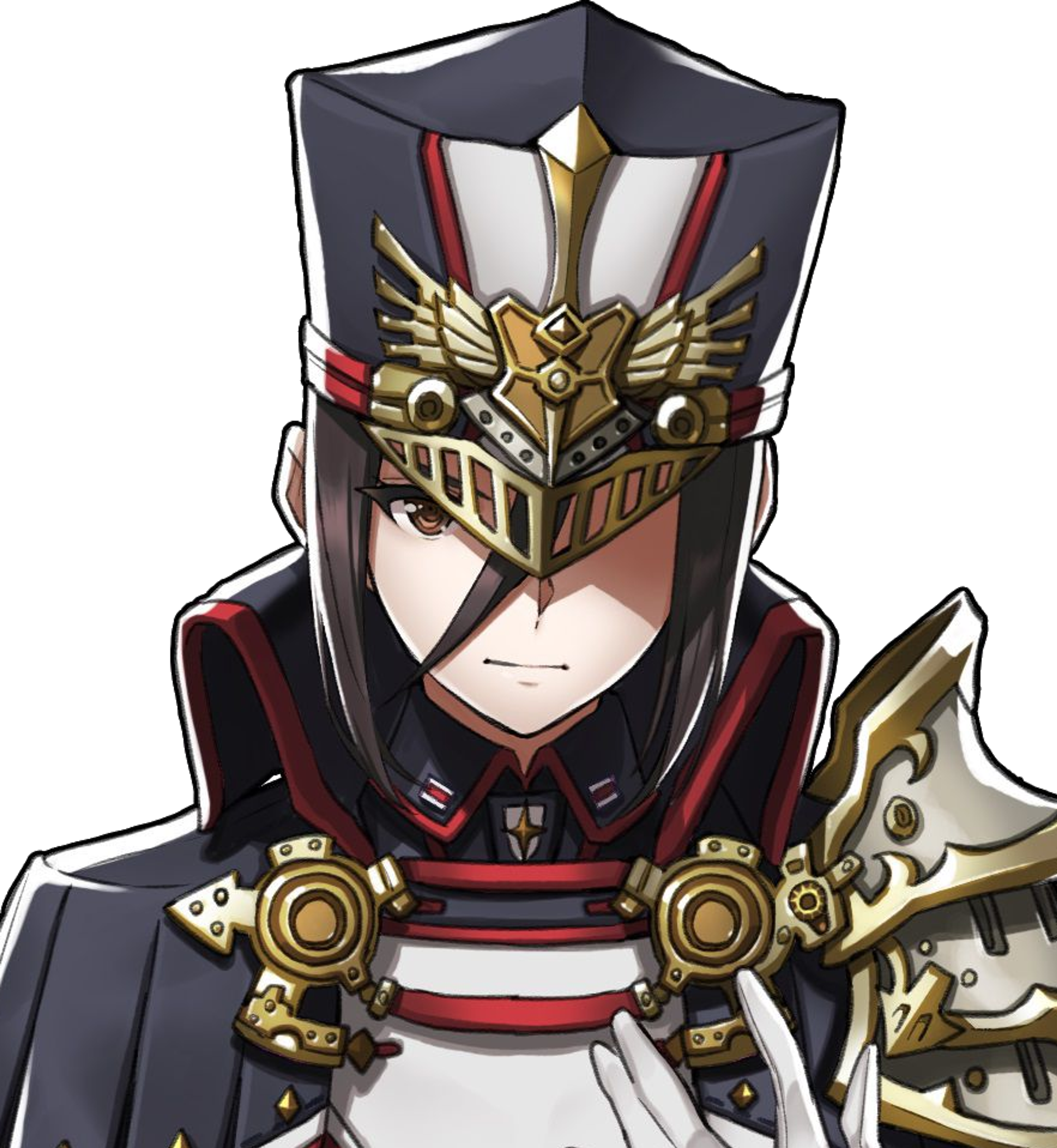 A female military commander with dark hair and a stern expression, holding a weapon.