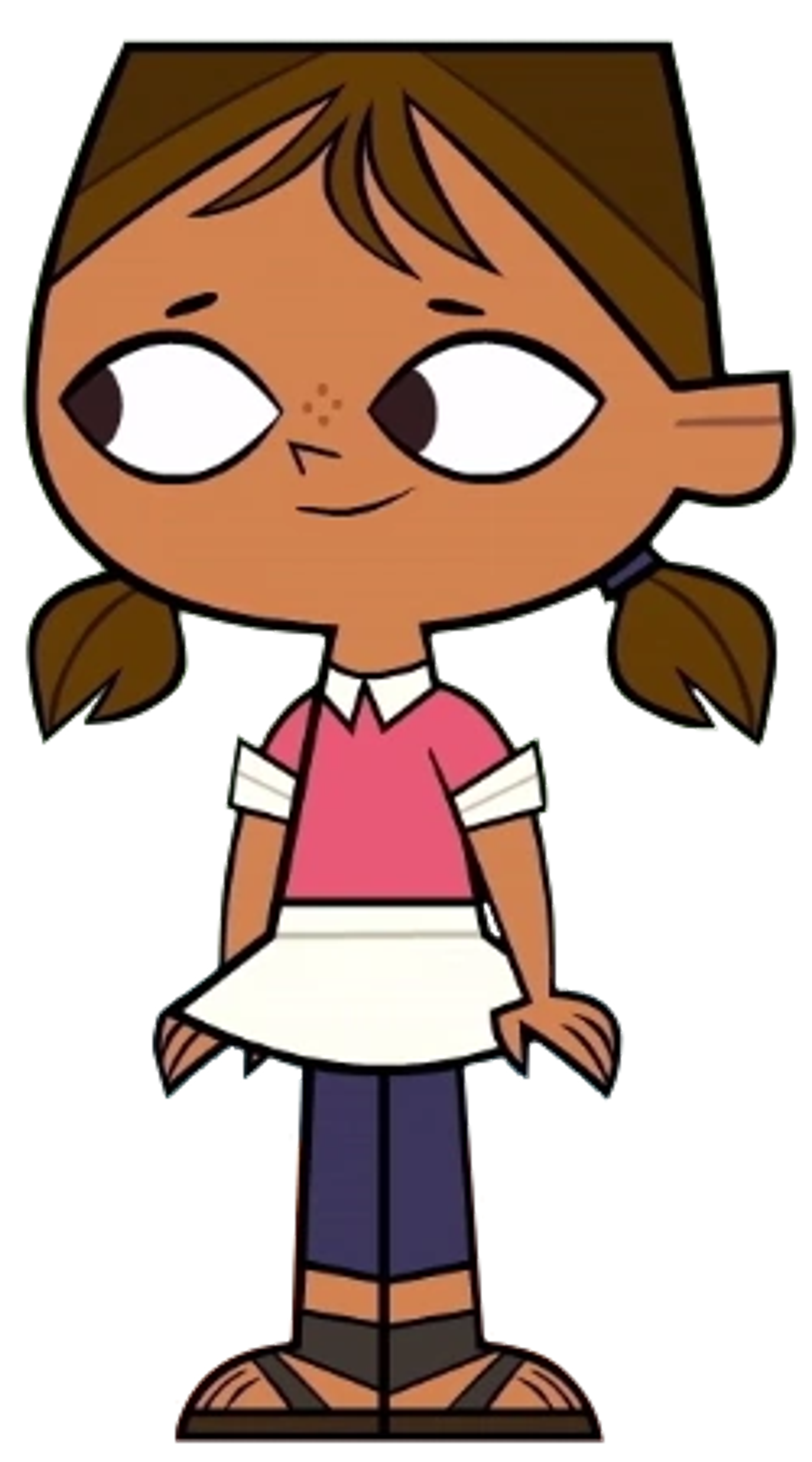 A young girl with brown hair in pigtails, wearing a pink shirt and white skirt, standing in a confident pose.