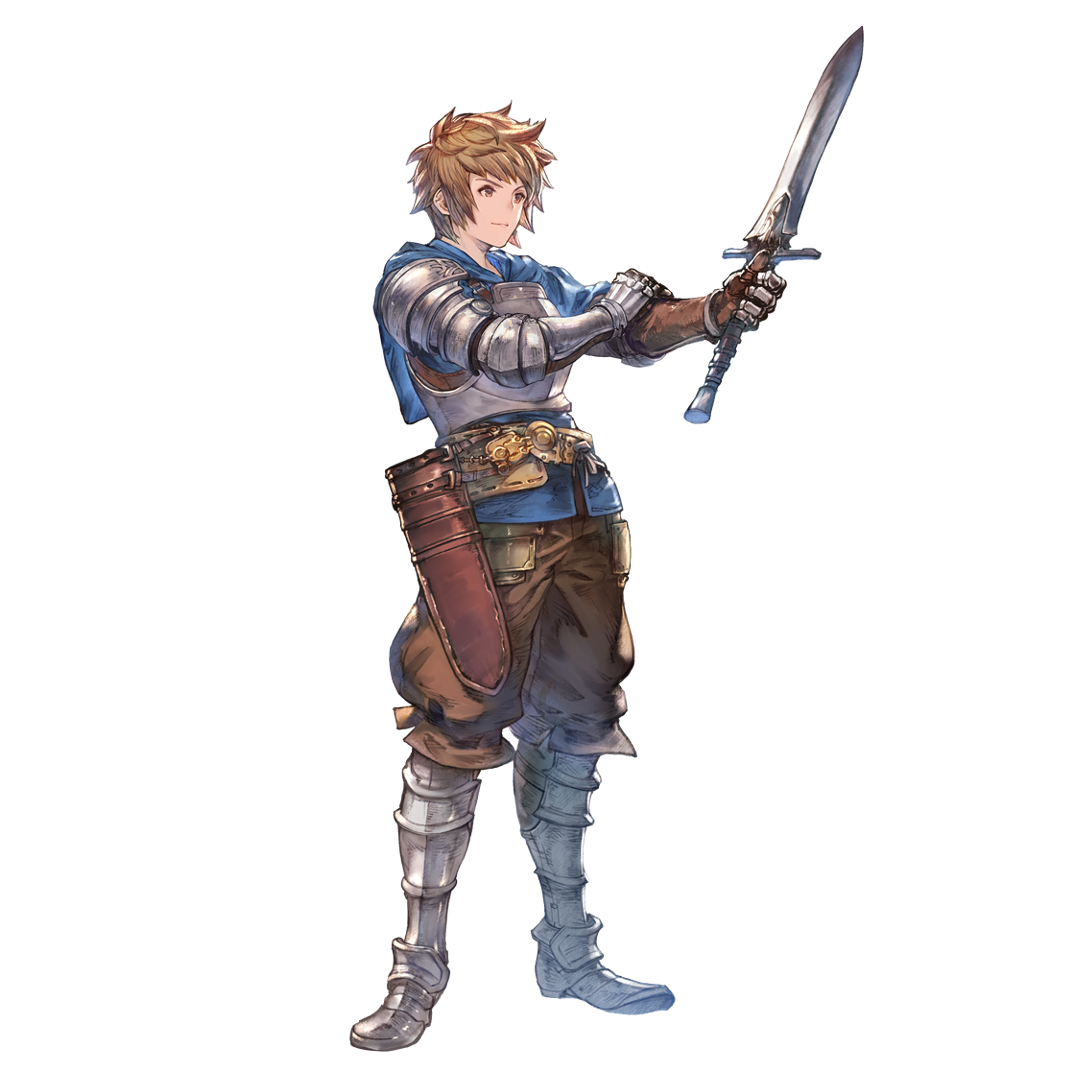 A young man in a blue outfit holding a sword in a heroic pose
