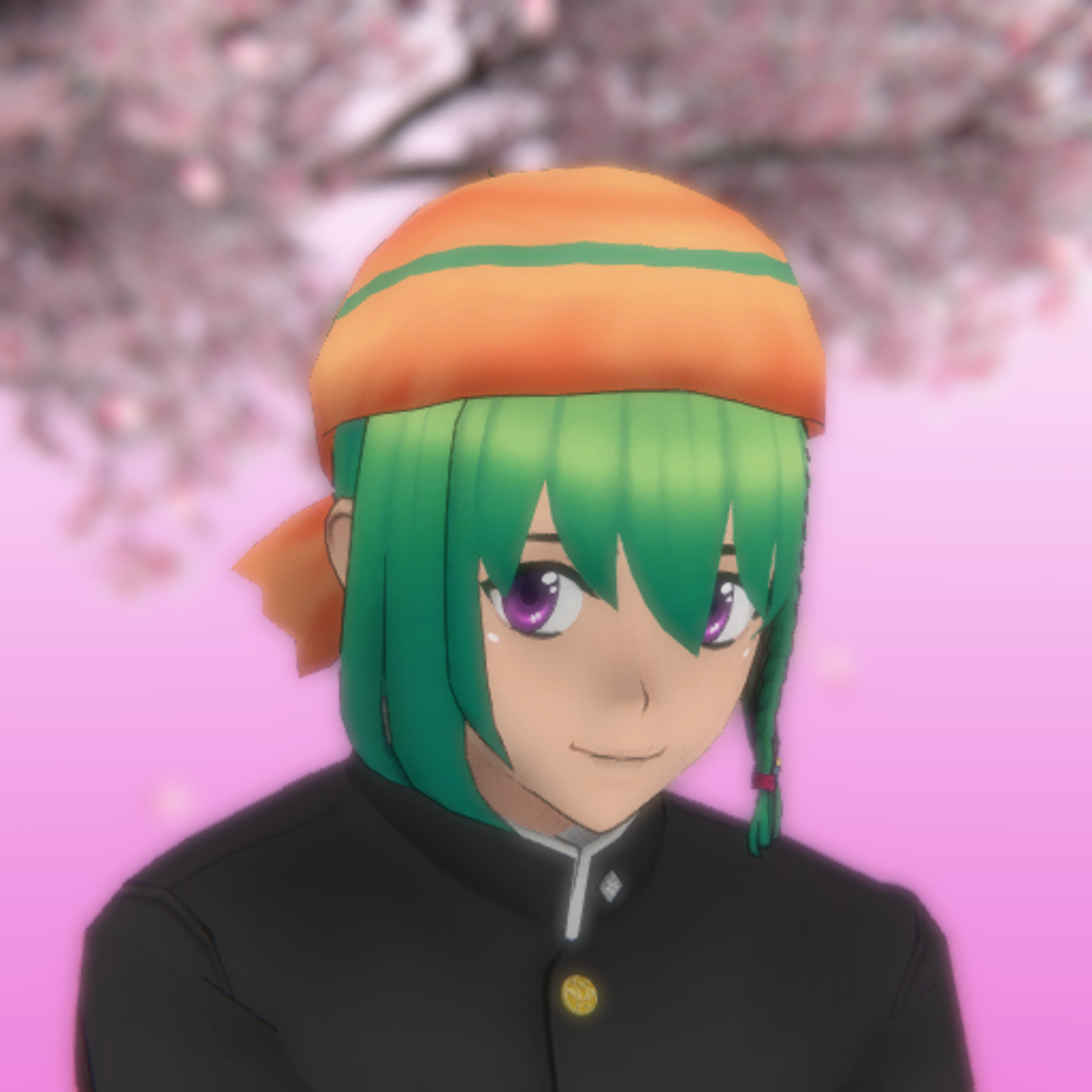 An anime-style character with green hair in braids and a friendly expression