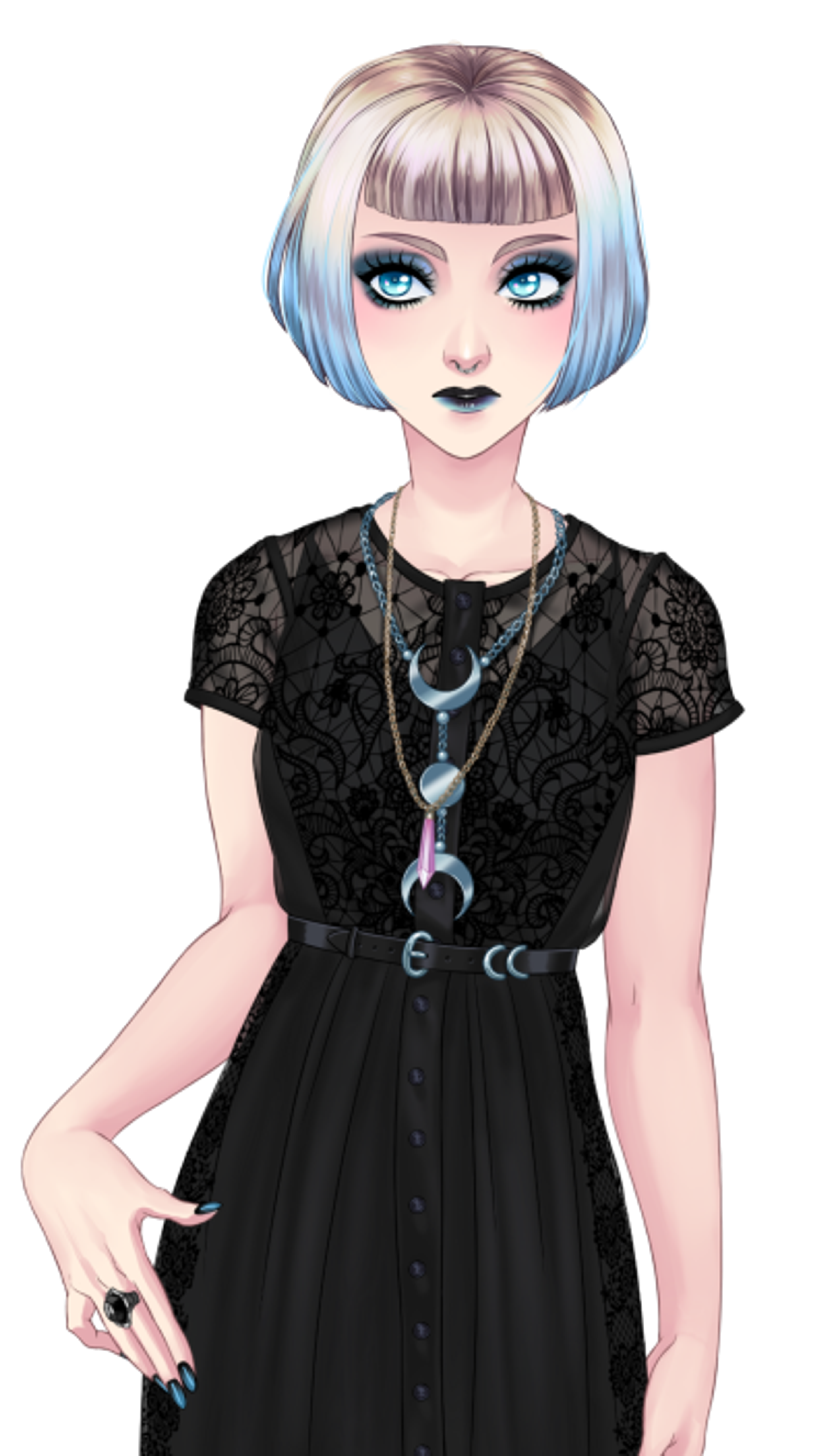 A young woman with platinum blonde hair and colorful tips, wearing a black lace dress and crescent moon necklace.