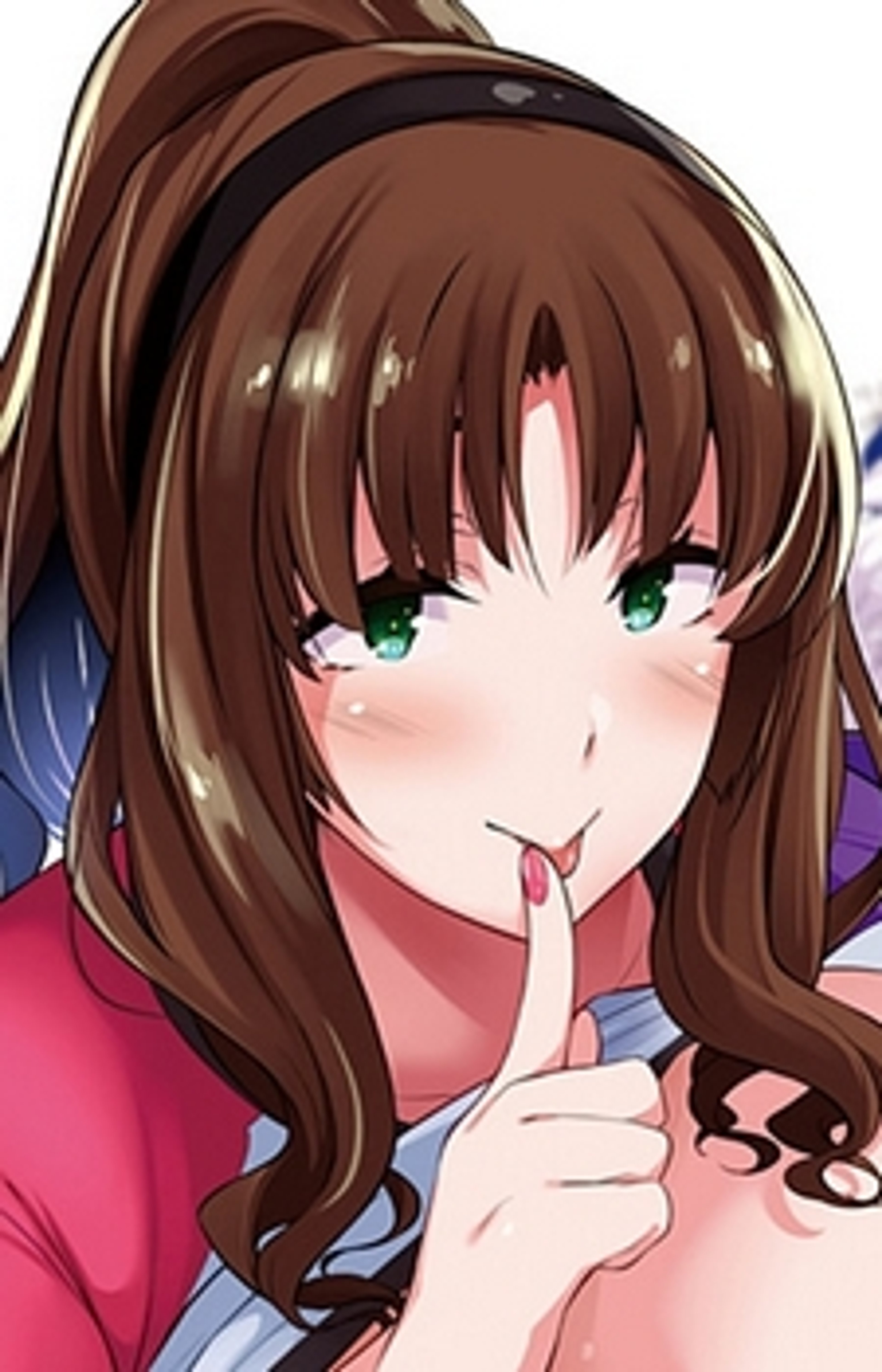 A young woman with long brown hair and green eyes making a 'shh' gesture