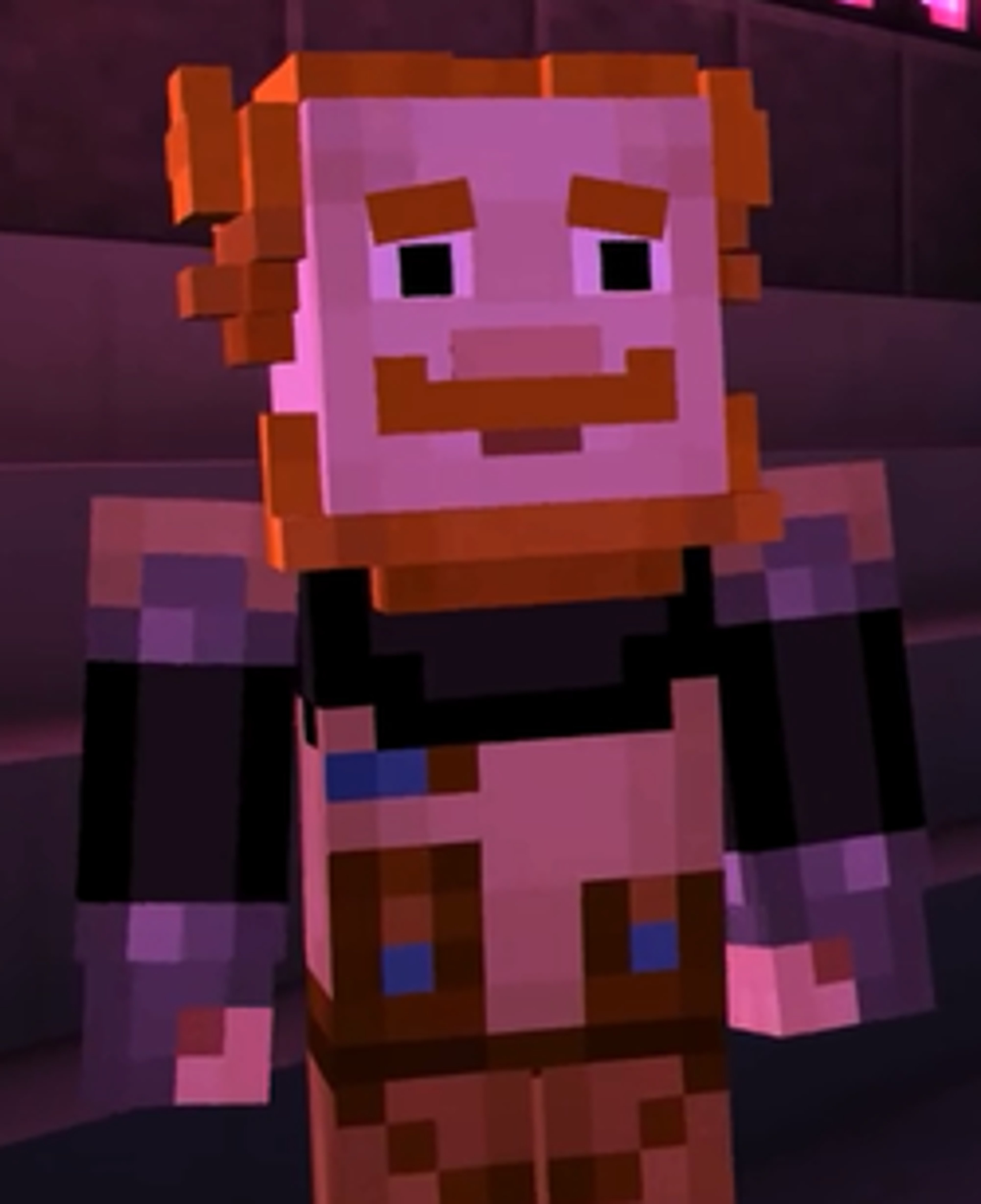 A pixelated, cartoon-like character with ginger hair, a handlebar mustache, and beige armor with black accents.