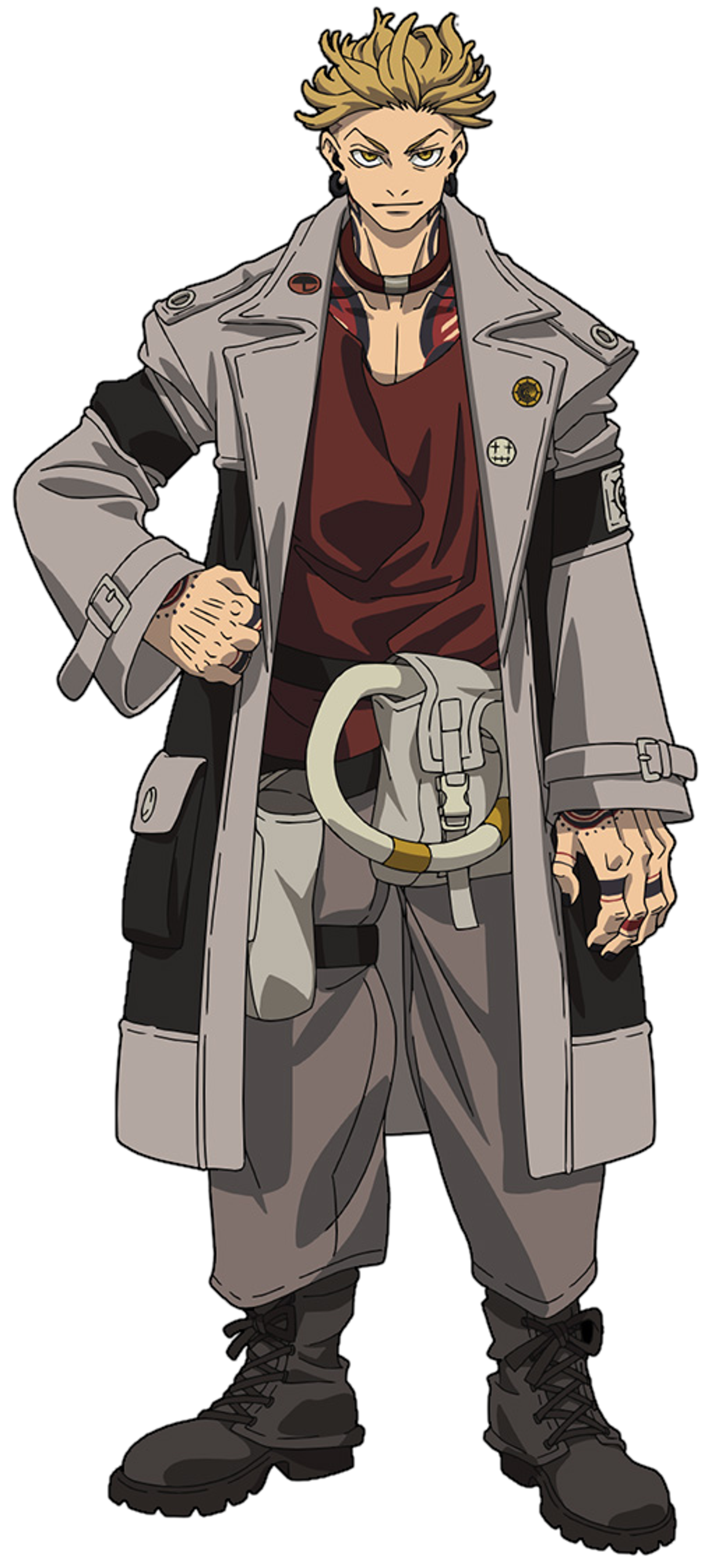 Character description of Enjin, a muscular man with yellow eyes and blonde spiky hair