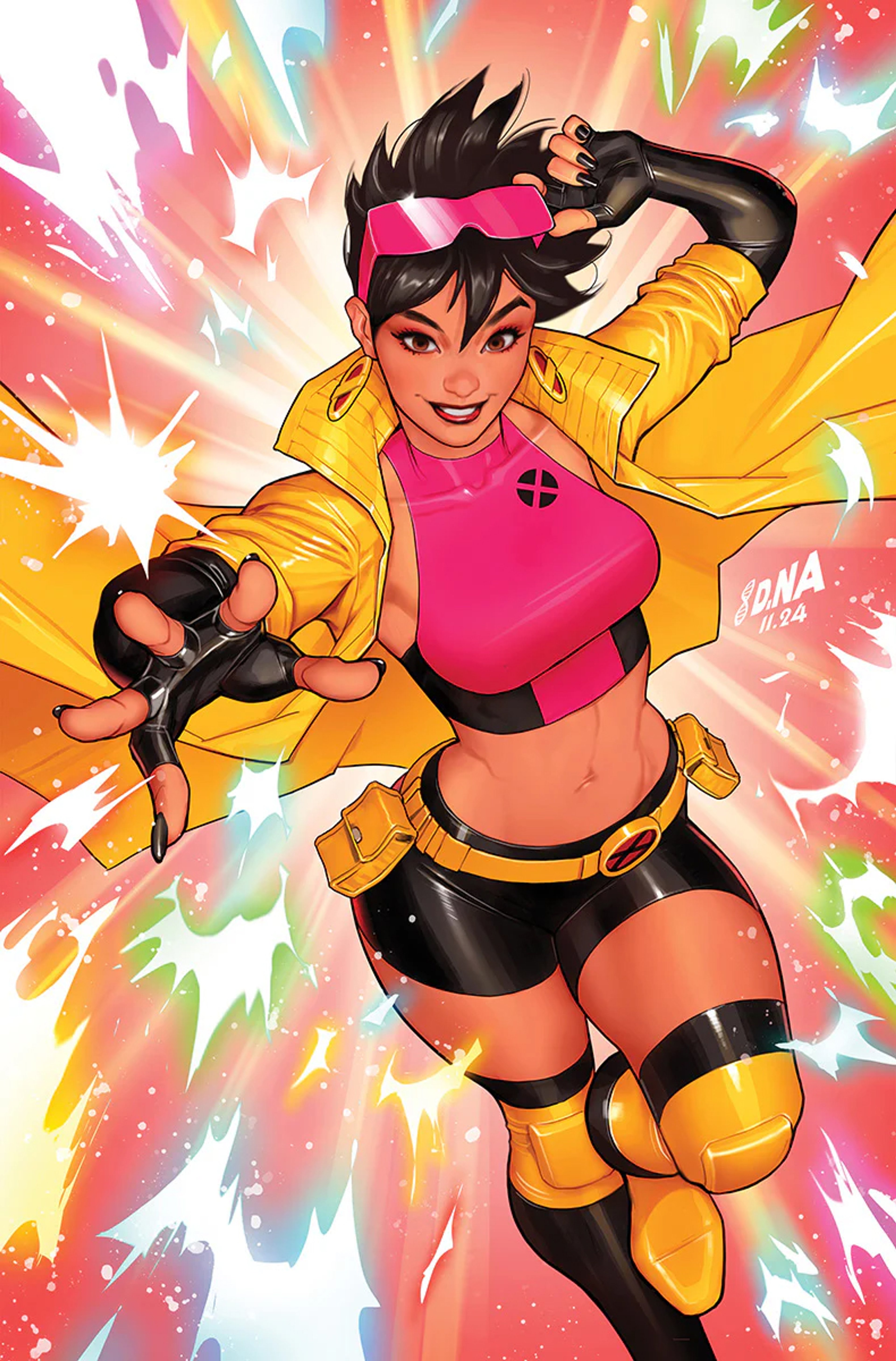 A young Asian woman in a yellow jacket and pink top striking a heroic pose