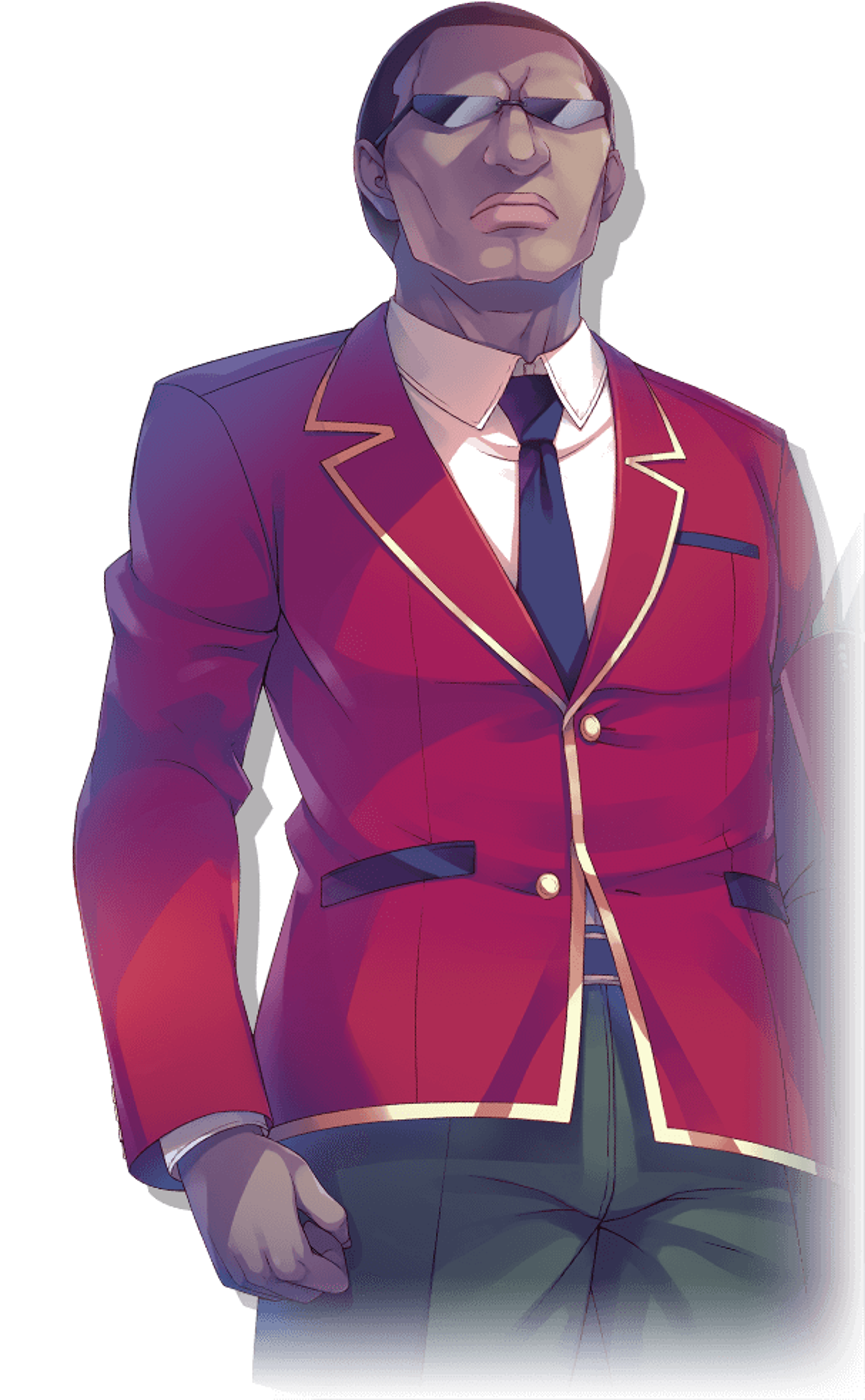 An anime-style character in a red suit jacket