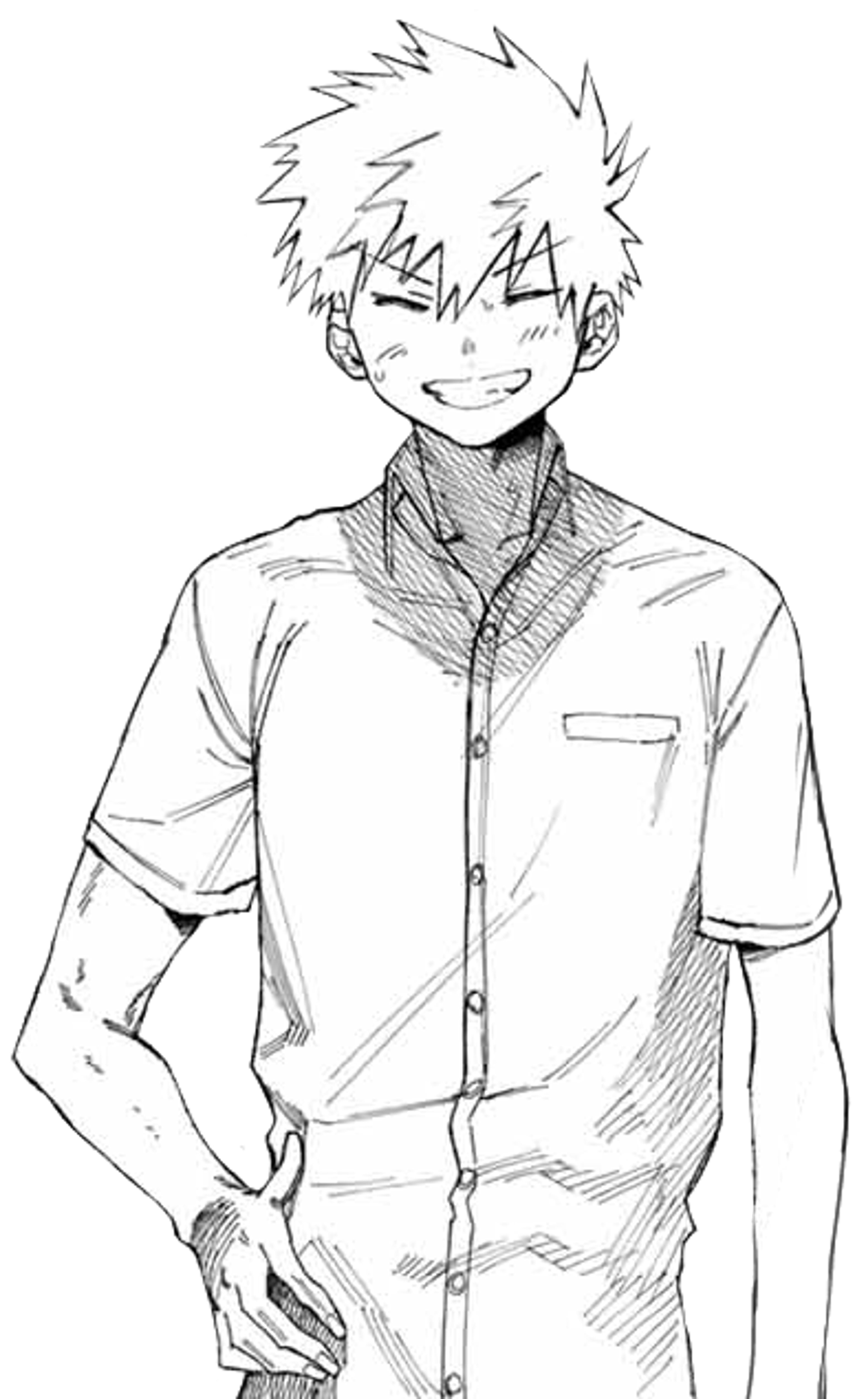 An anime-style character with spiky blonde hair, fair skin, and a slender build wearing a school uniform without a tie.
