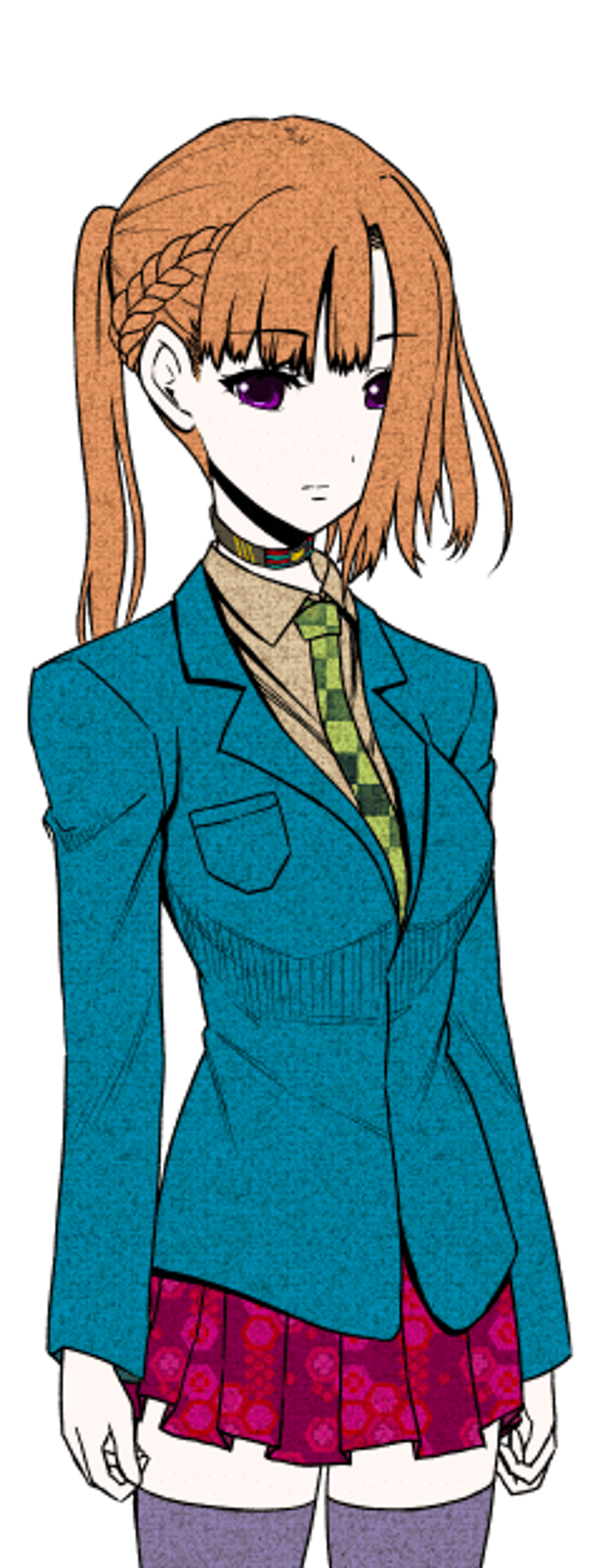 An anime-style character with long reddish-brown hair in a braid, wearing a teal blazer and white shirt, with a serious expression.