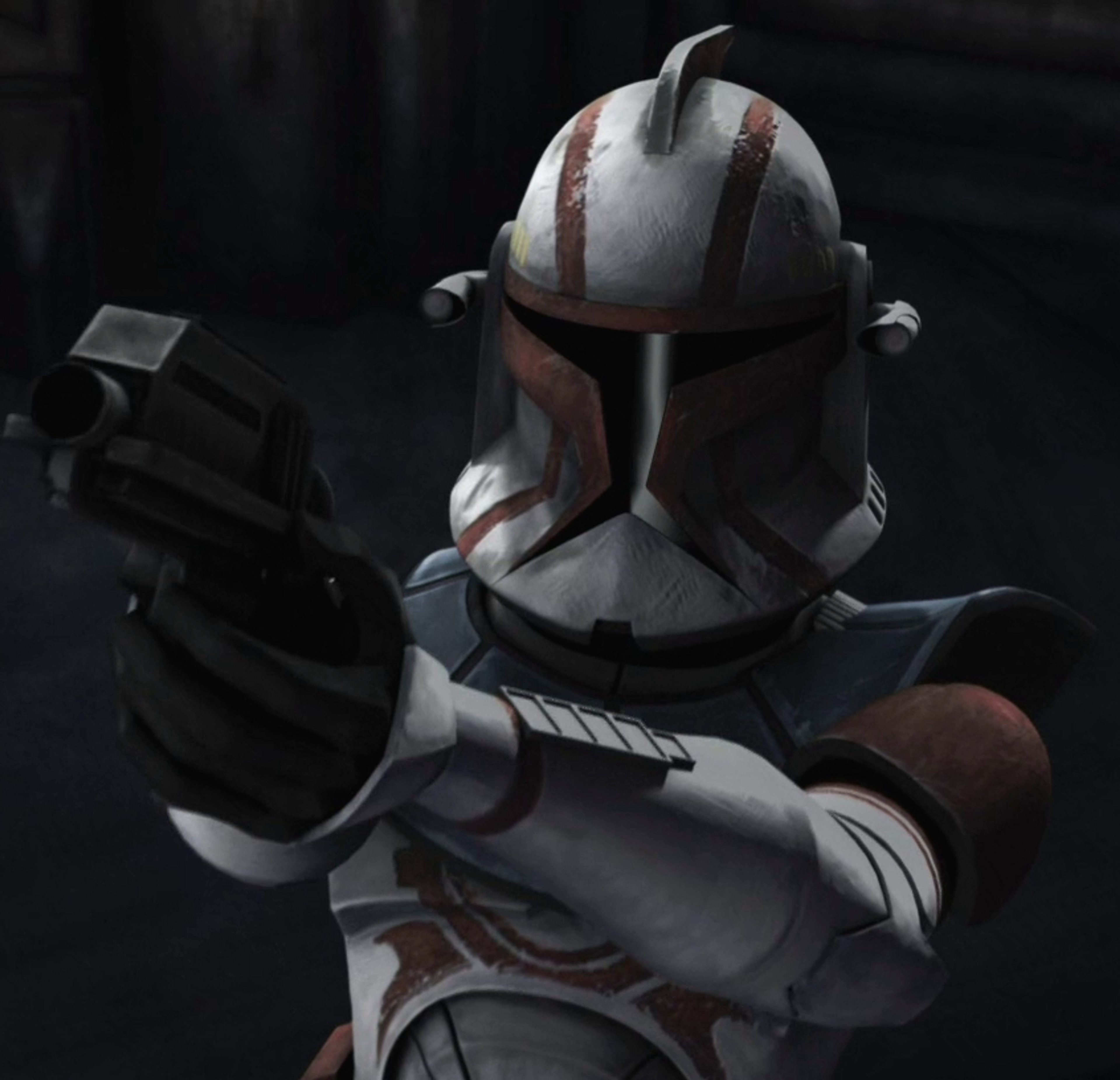 A Clone Commander from the Star Wars universe, wearing white and red armor.