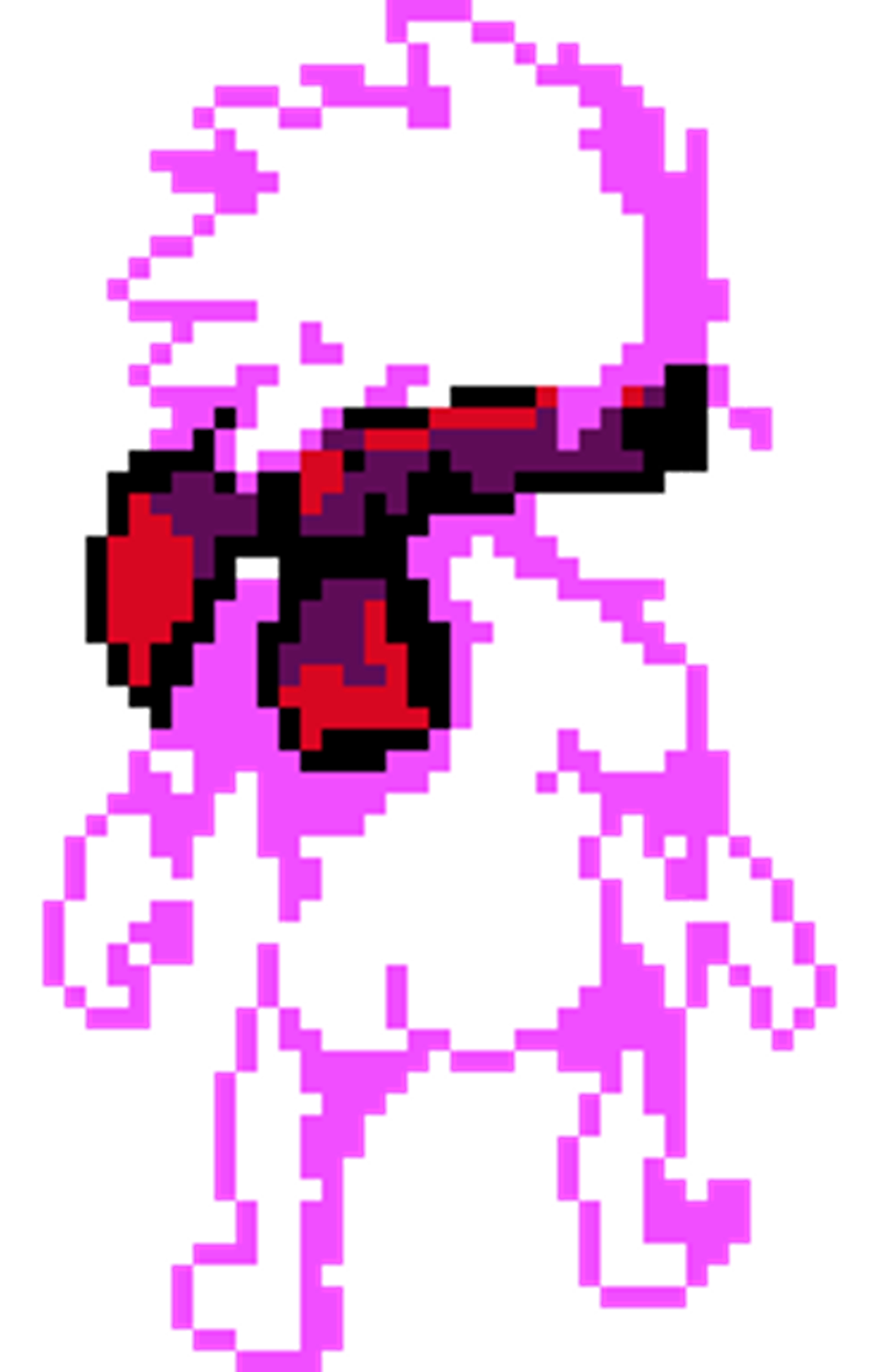 A detailed pixel art character with a fluffy pink mane and an androgynous, ethereal appearance.
