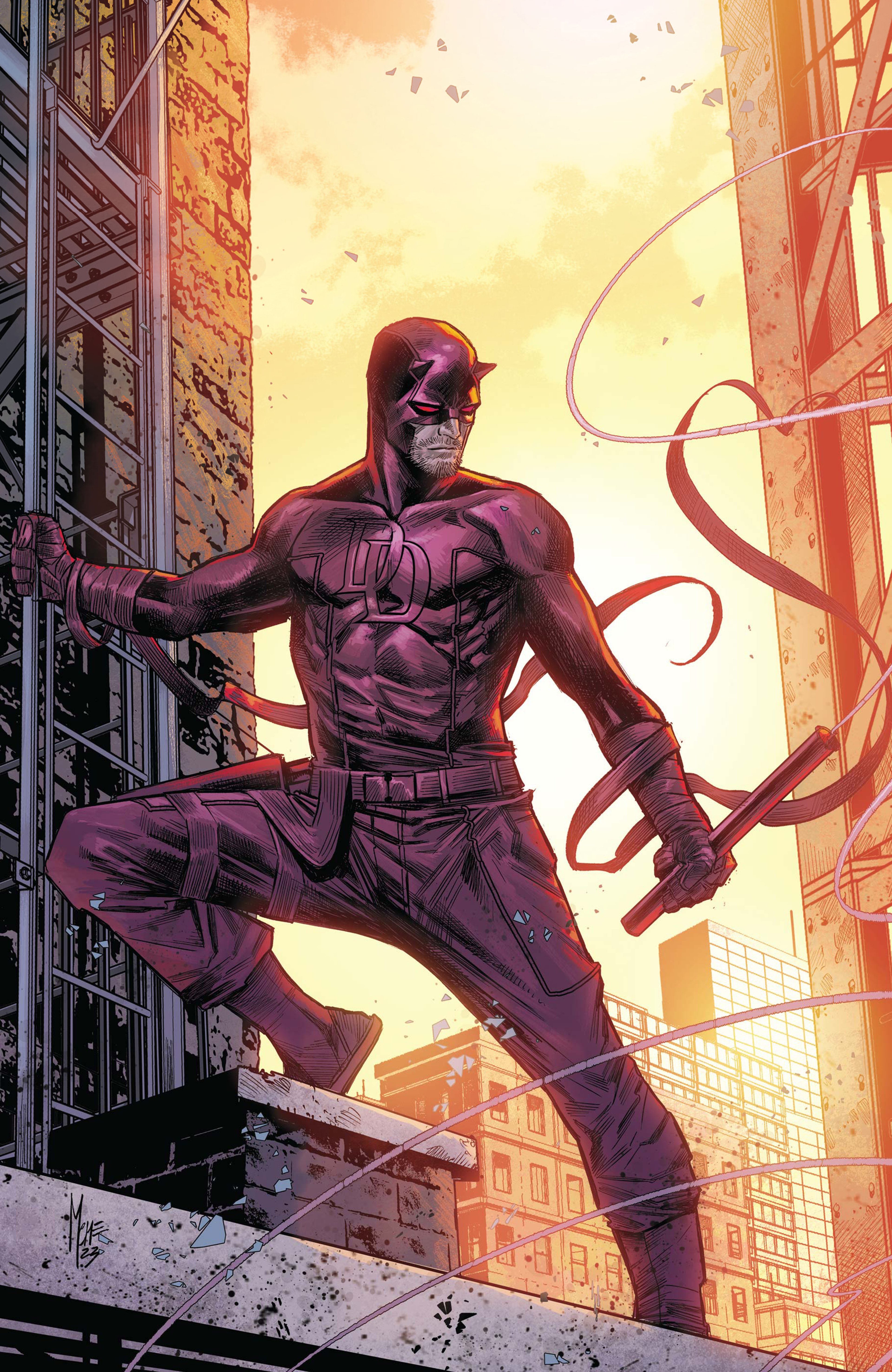A muscular, red-costumed superhero character with horns on his head, leaping or jumping against a backdrop of urban buildings.