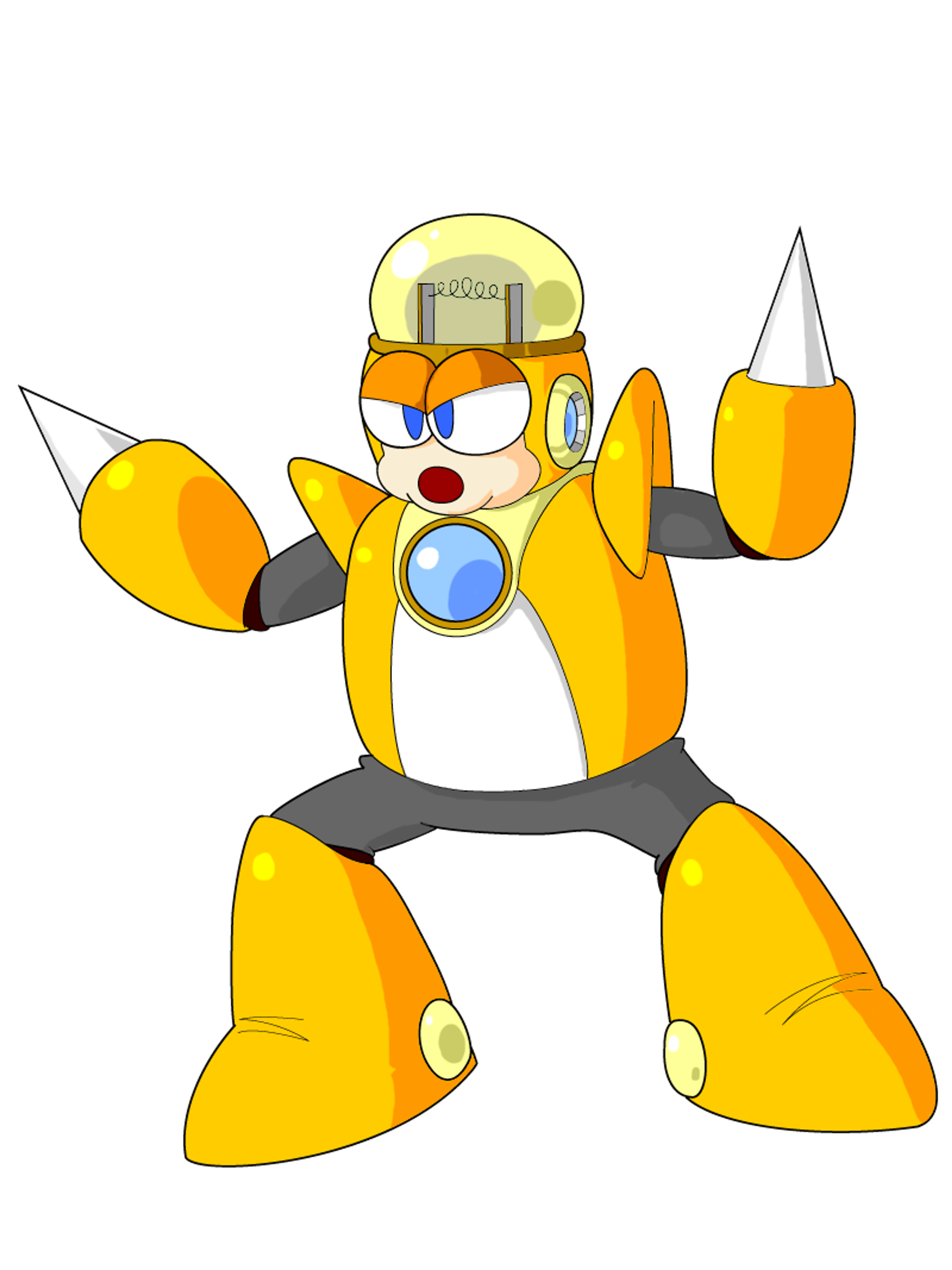 A cartoon robot character with a yellow and white body, generating electricity from its hands.