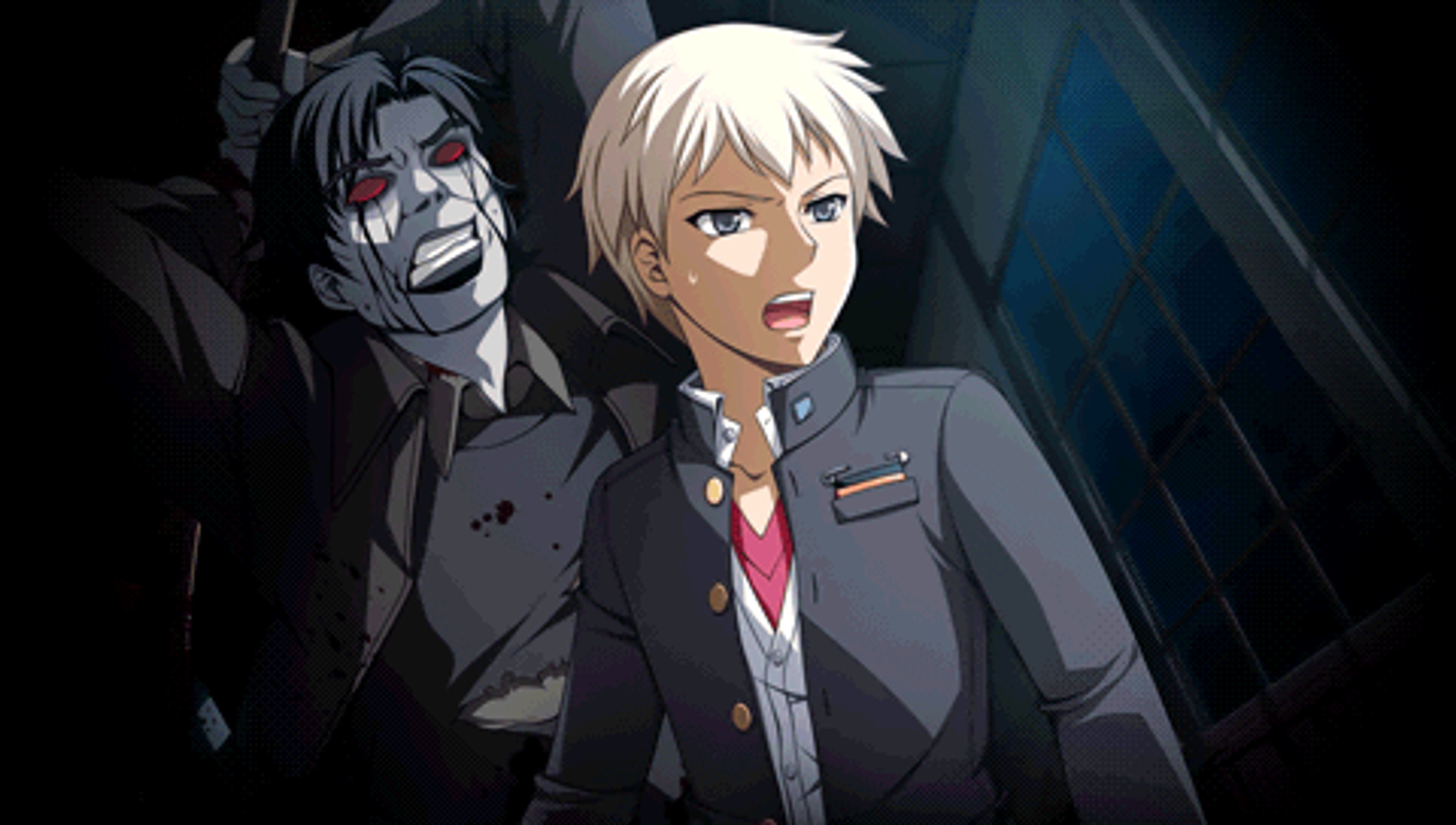 A young man with bleached blonde hair in a school uniform, with a stern expression on his face.