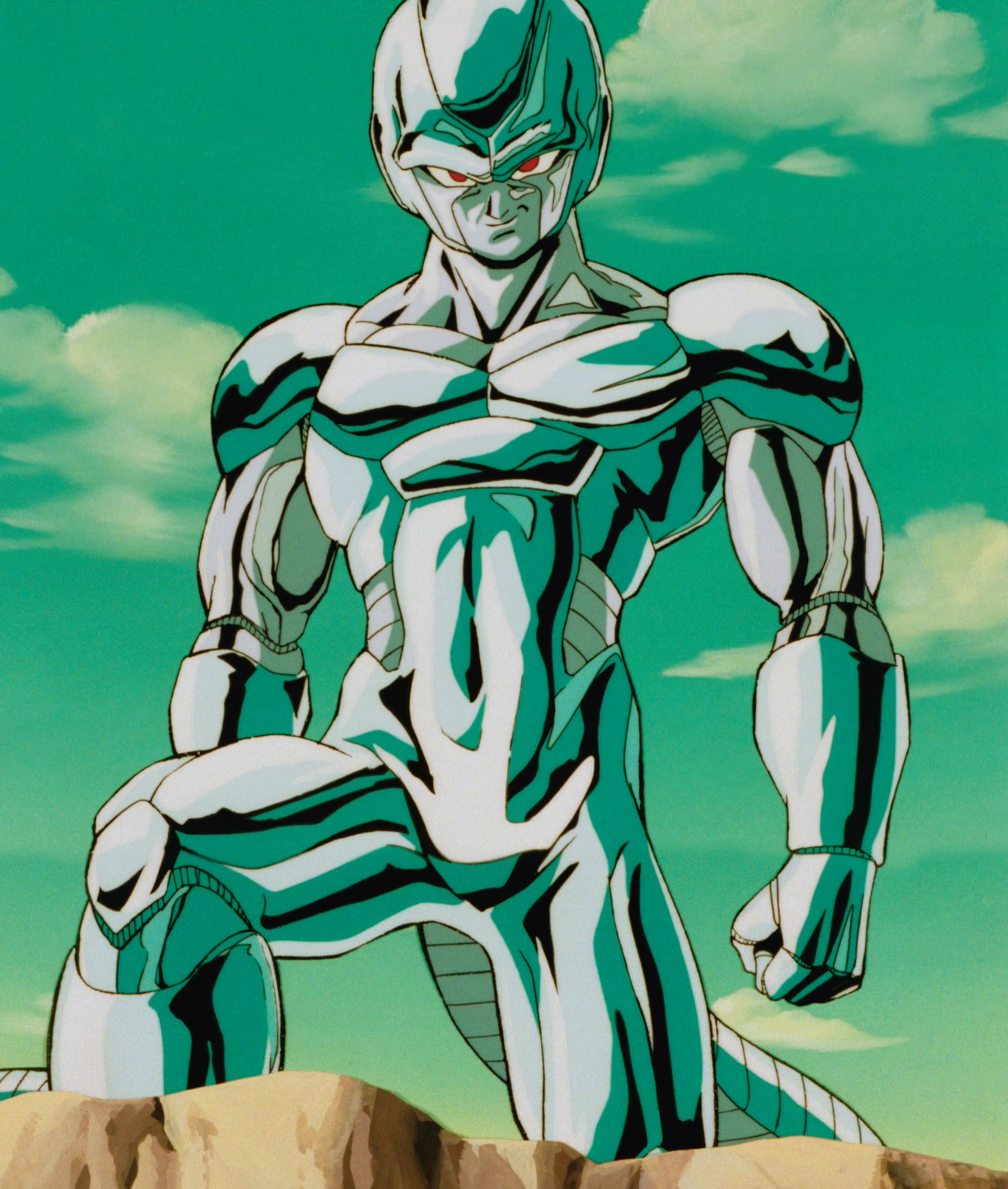 A powerful, cybernetic character with a sleek, metallic body and glowing red eyes