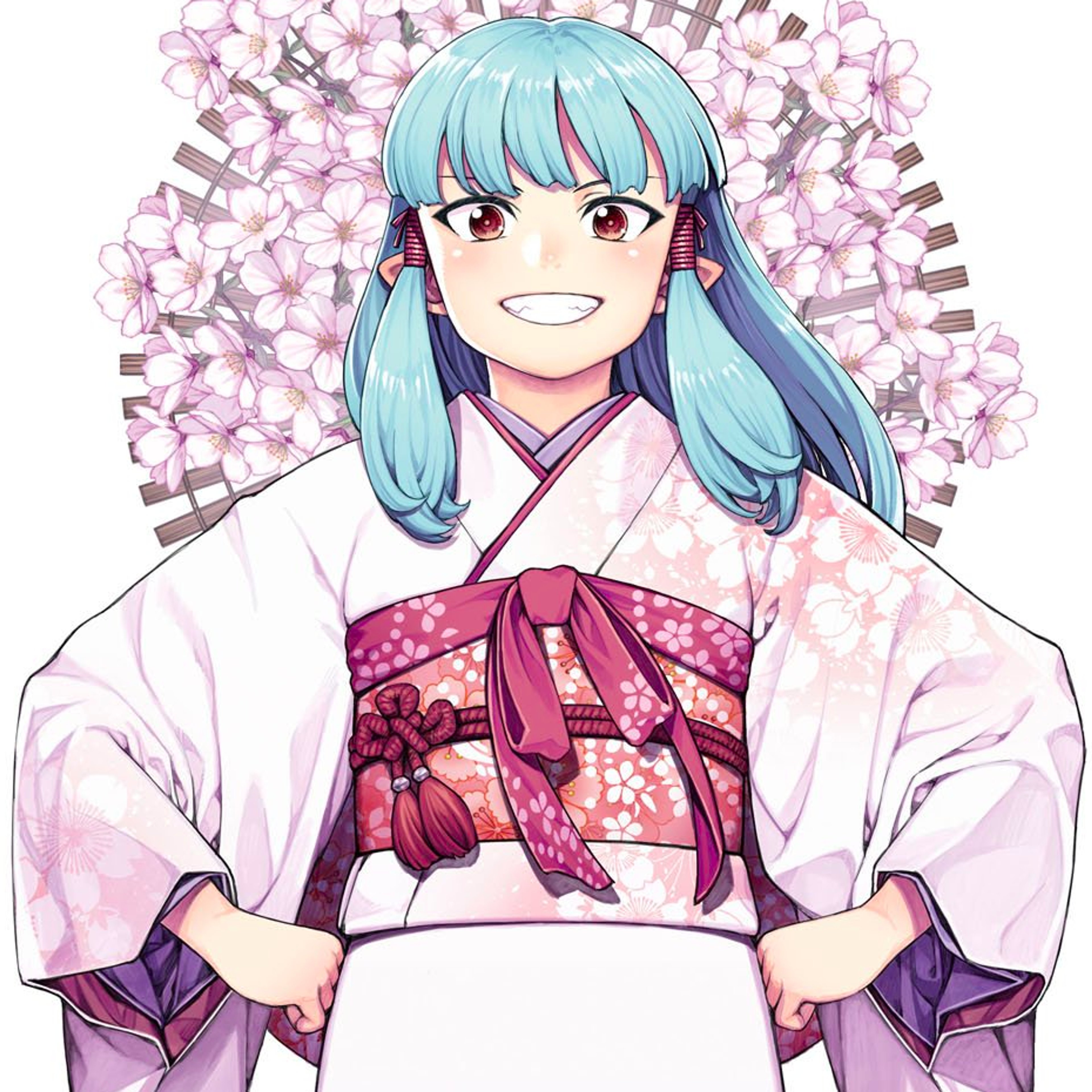 A young woman with light blue hair and a pink and white kimono with a cherry blossom pattern