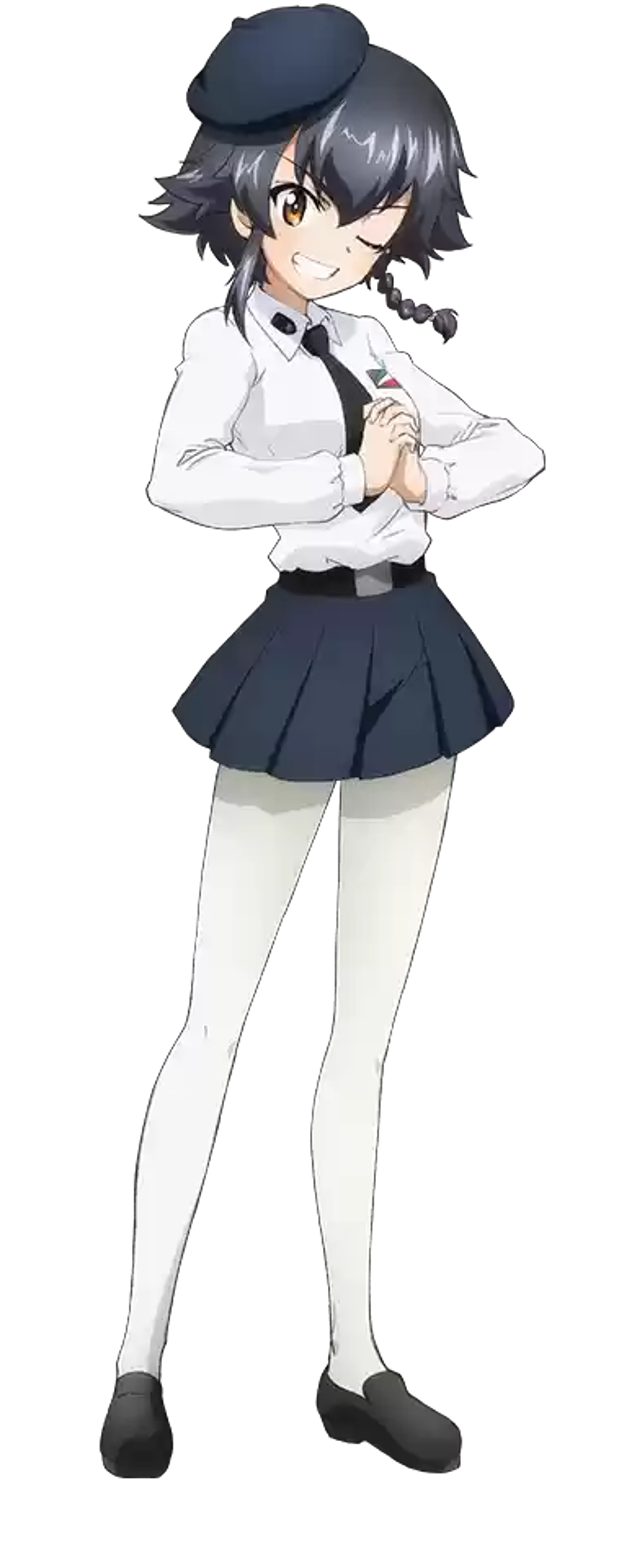 An anime-style character with short, dark hair wearing a white shirt and black tie, standing in a confident pose.