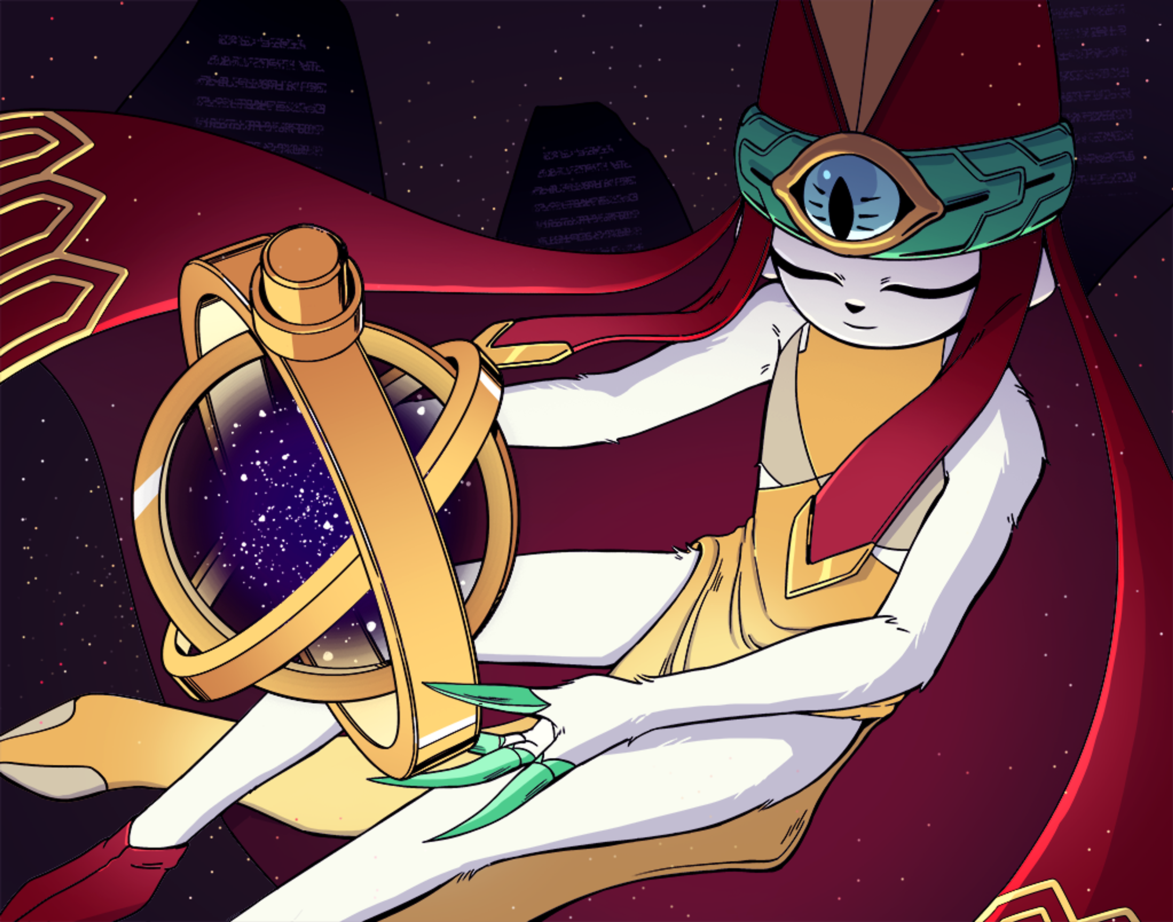 An ancient, mystical-looking character with a calm, contemplative expression, surrounded by mystical symbols and artifacts.