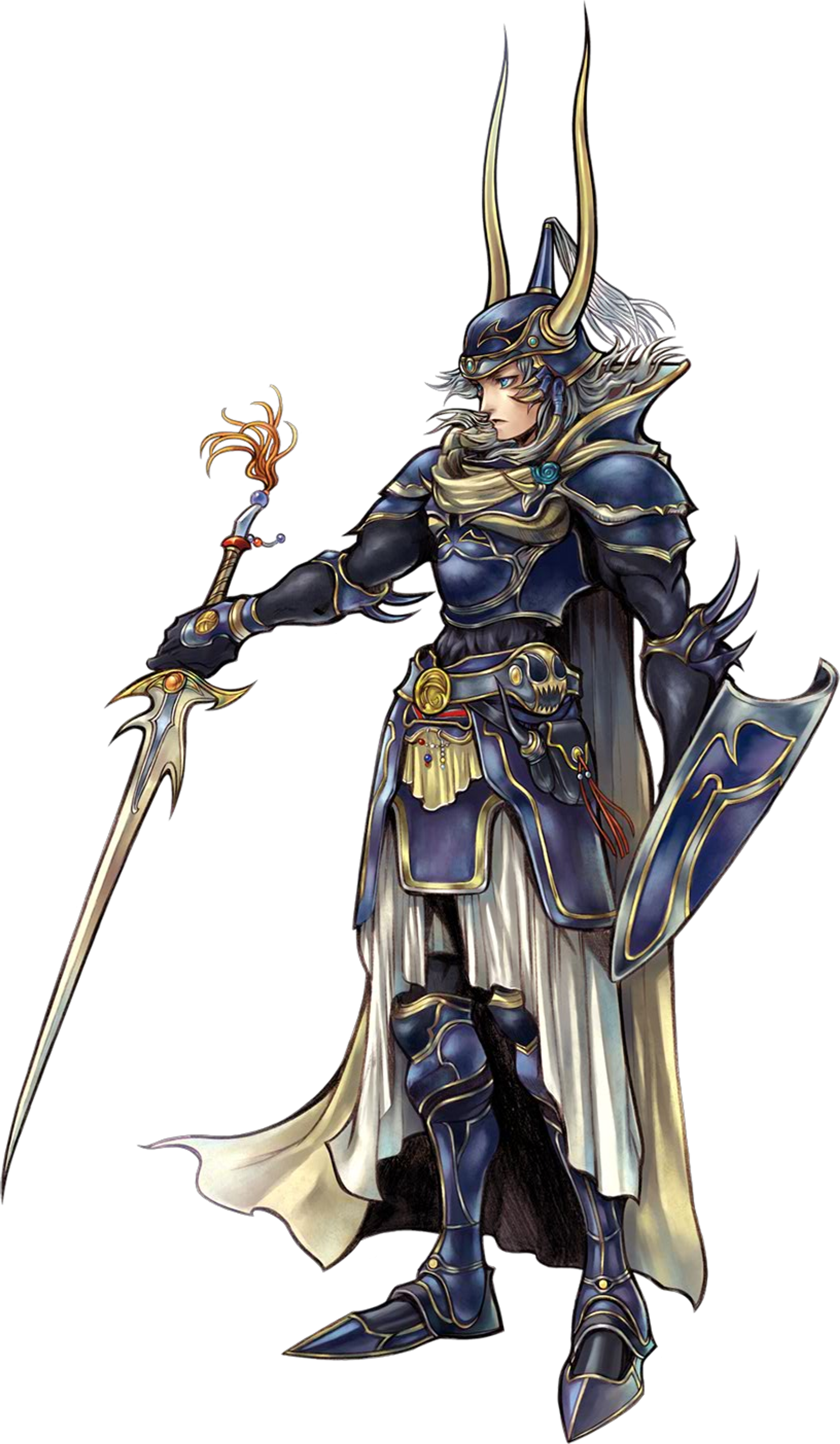 A noble knight in blue and gold armor wielding a sword and shield