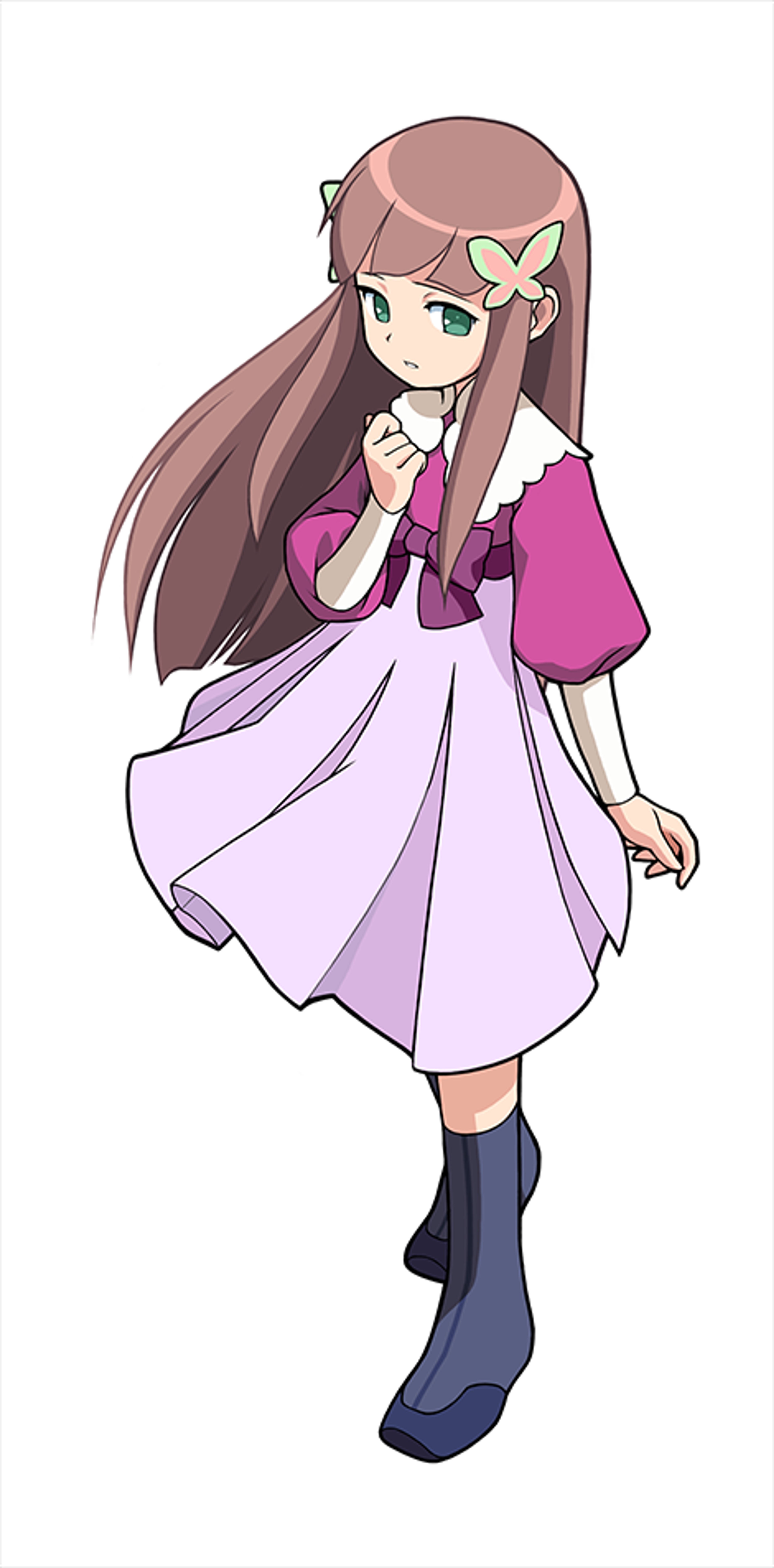 An anime-style character with pink hair and a pink dress, standing with a gentle expression.