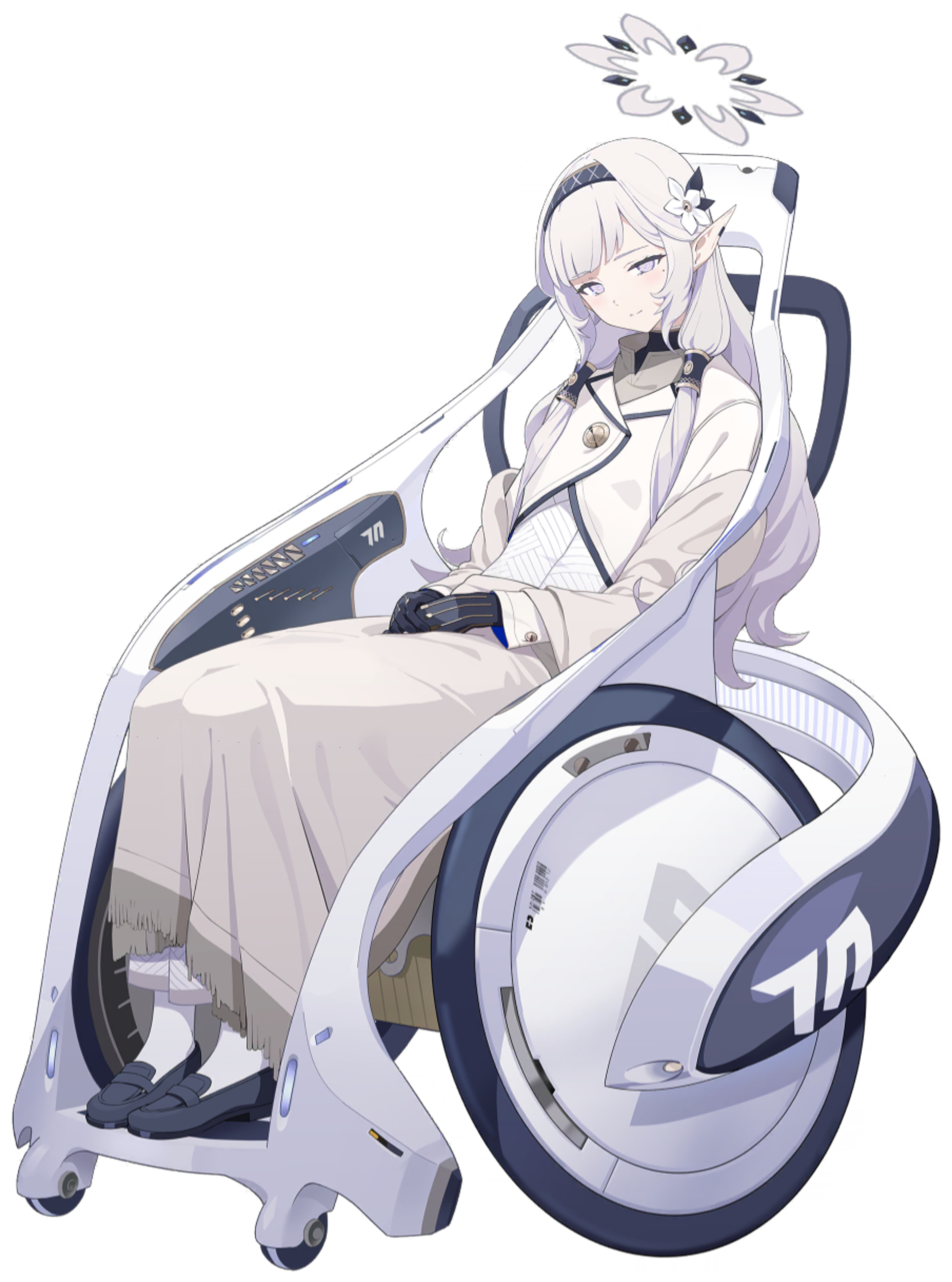 A young woman in a wheelchair with light-colored hair and a flower accessory, surrounded by futuristic technology.