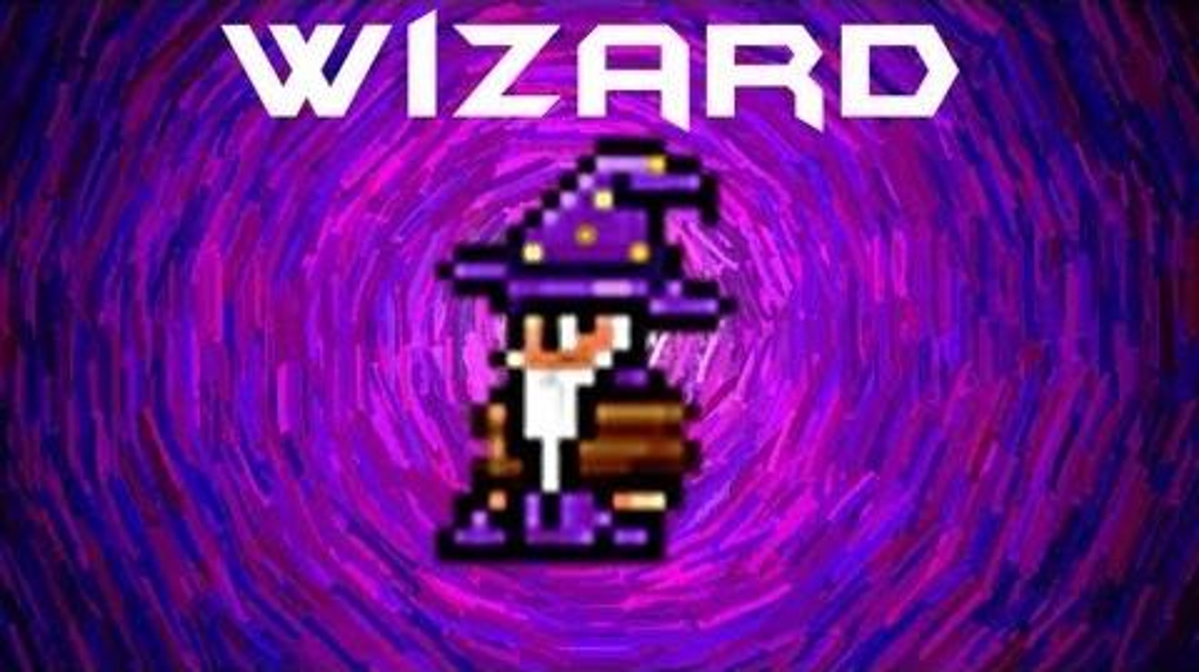A detailed pixel art character of an elderly wizard with a long white beard, piercing blue eyes, and wearing traditional wizard's robes.