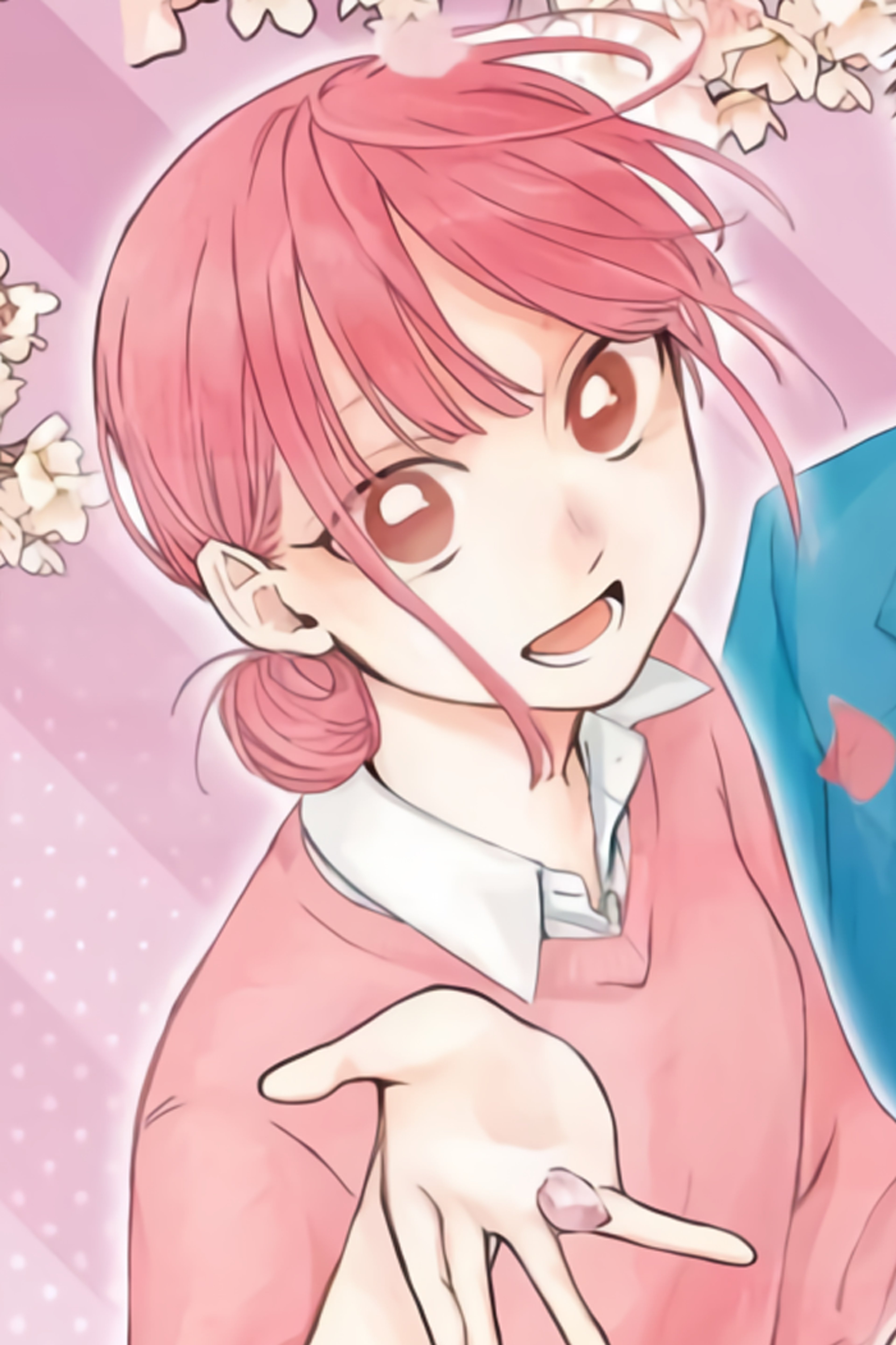 An anime-style character with pink hair and a cheerful expression