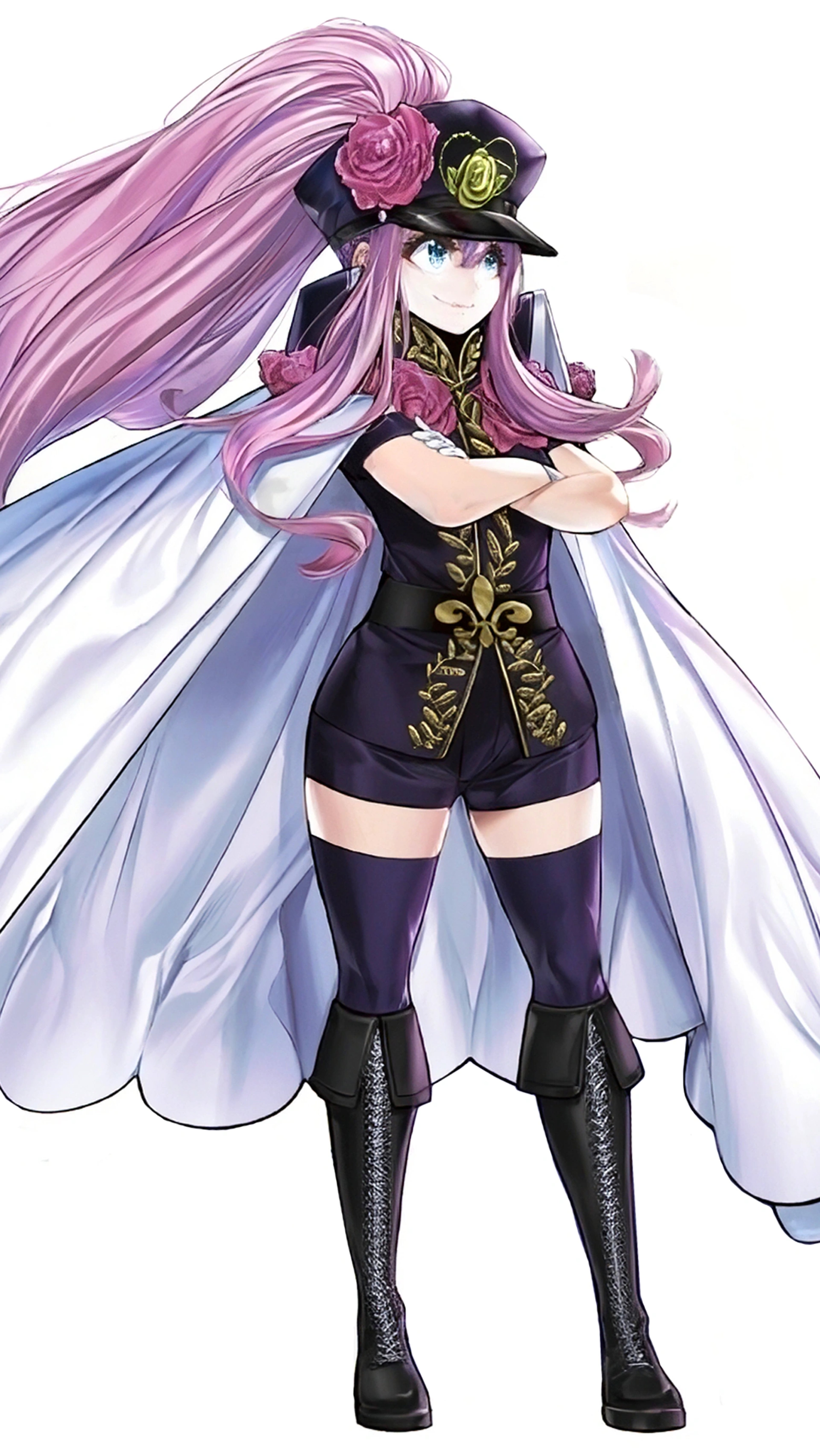 A young-looking woman with pink hair and an ornate dress, holding a rose-decorated fan.
