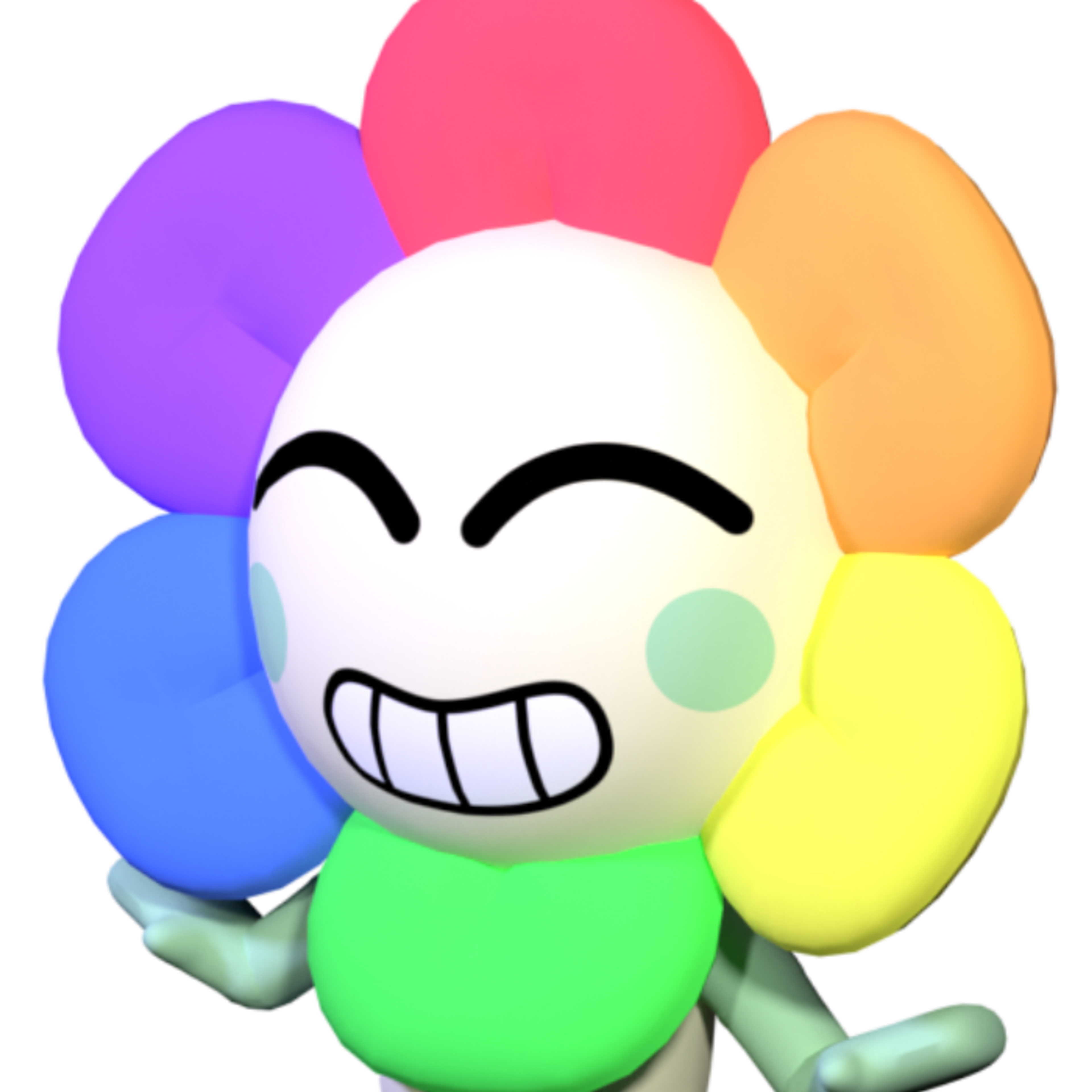 A colorful, cartoonish character with a large grin surrounded by multicolored balloons or spheres.
