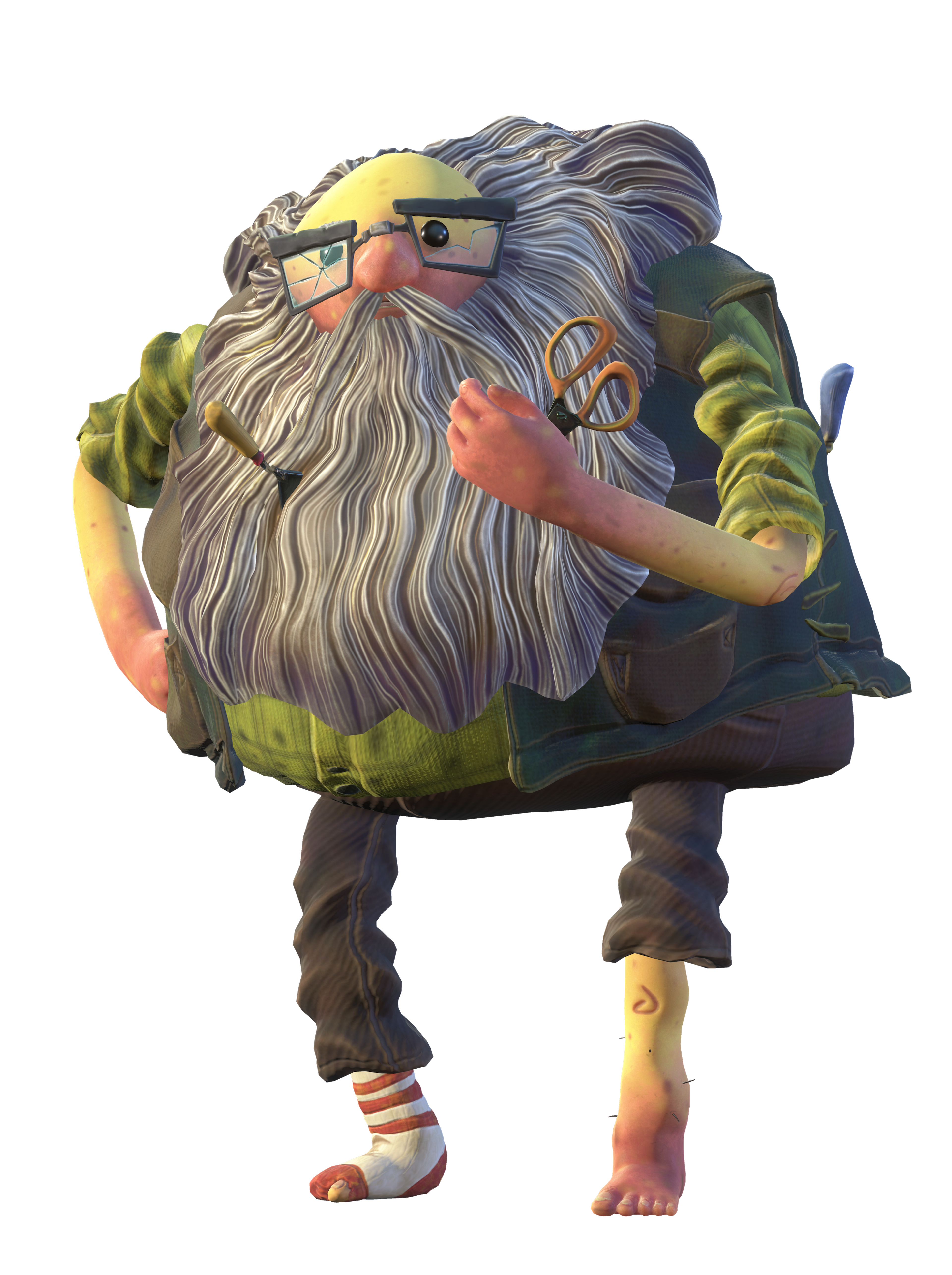 An elderly, eccentric-looking man with a large gray beard, small beady eyes, and thick glasses, wearing rumpled, worn clothing and having gardening tools stuck in his beard.