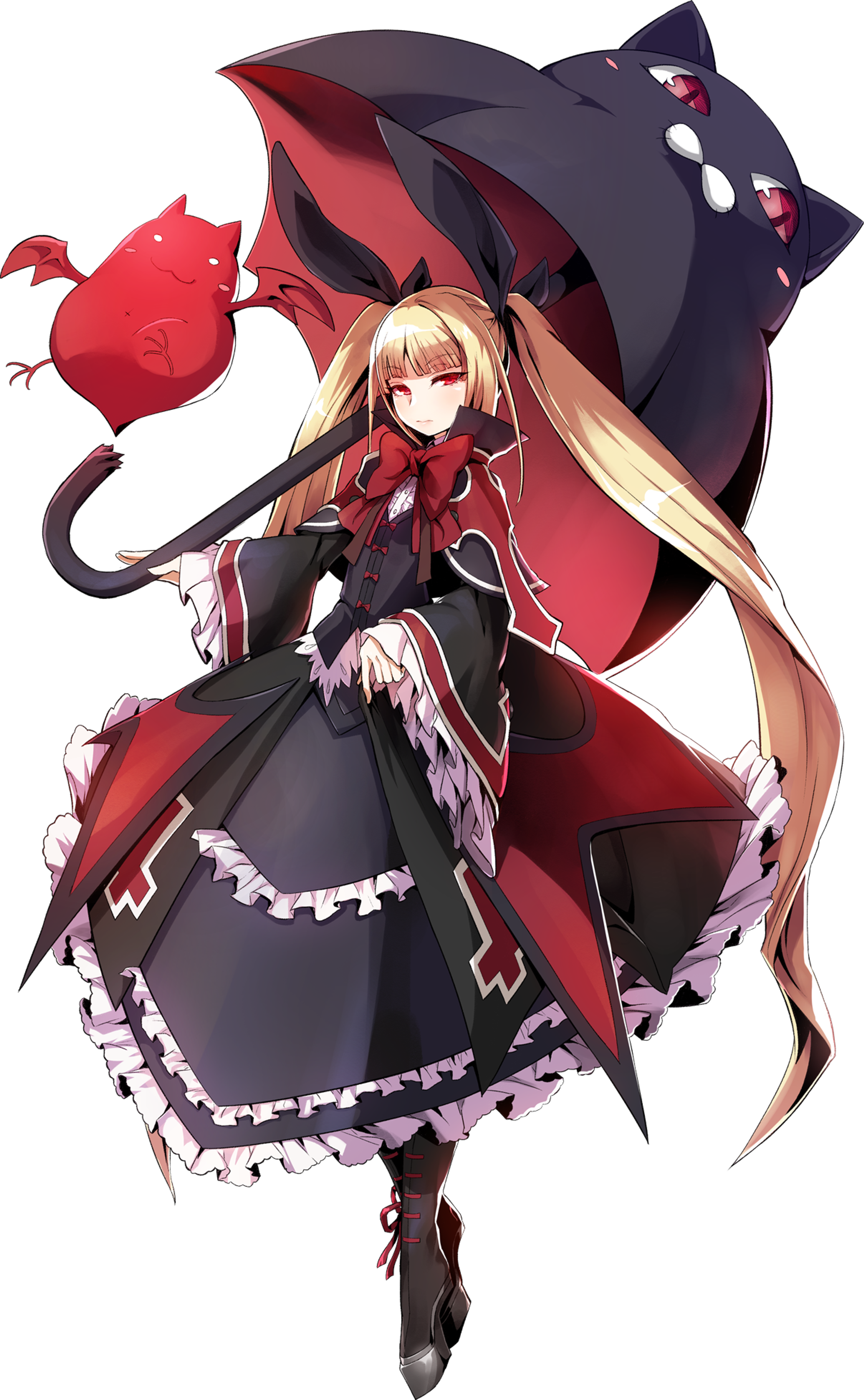 A young-looking girl in a Gothic Lolita-style dress with long blonde hair and red eyes