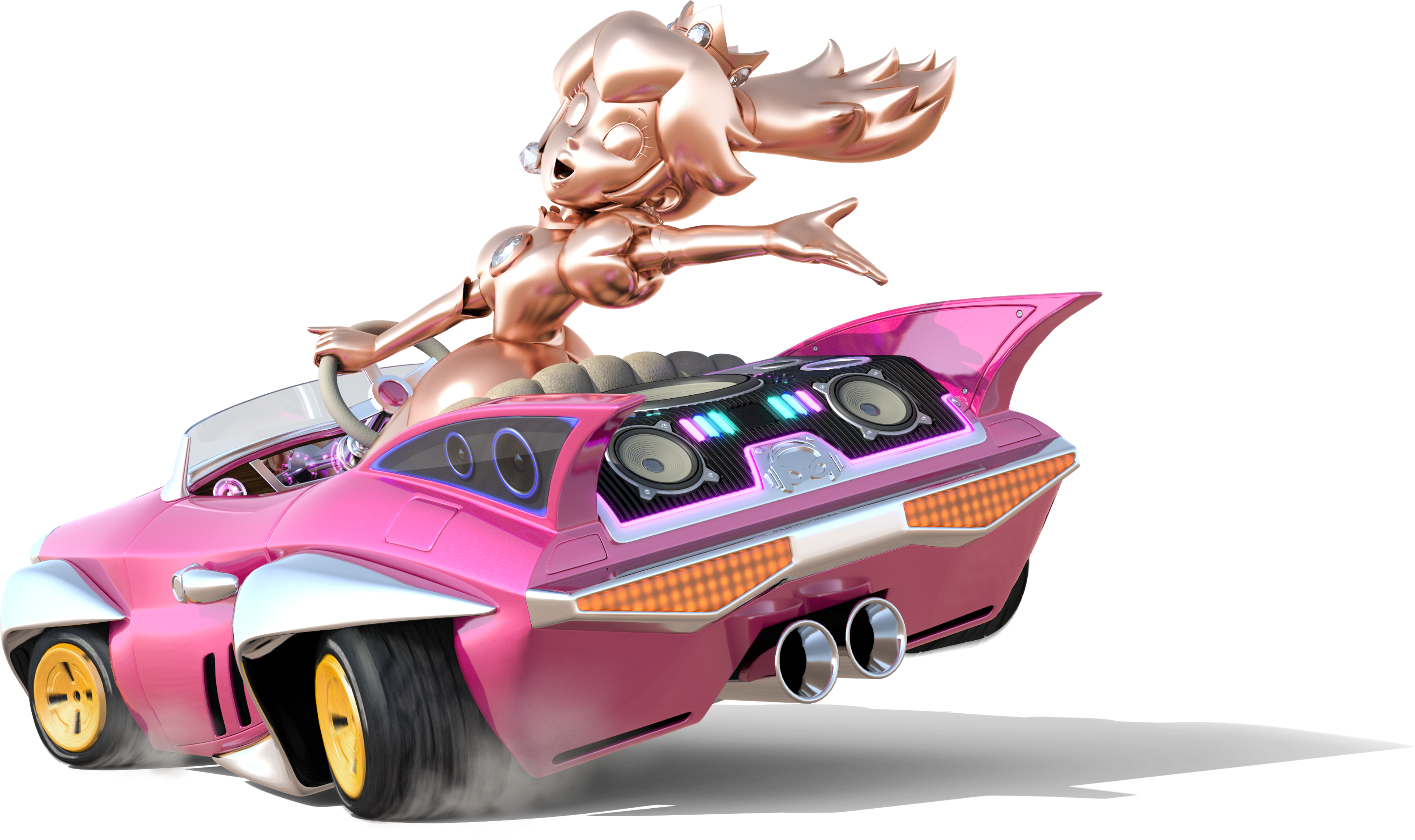 A metallic, golden-hued variant of Princess Peach from the Mario Kart universe, riding in a pink, high-tech kart.