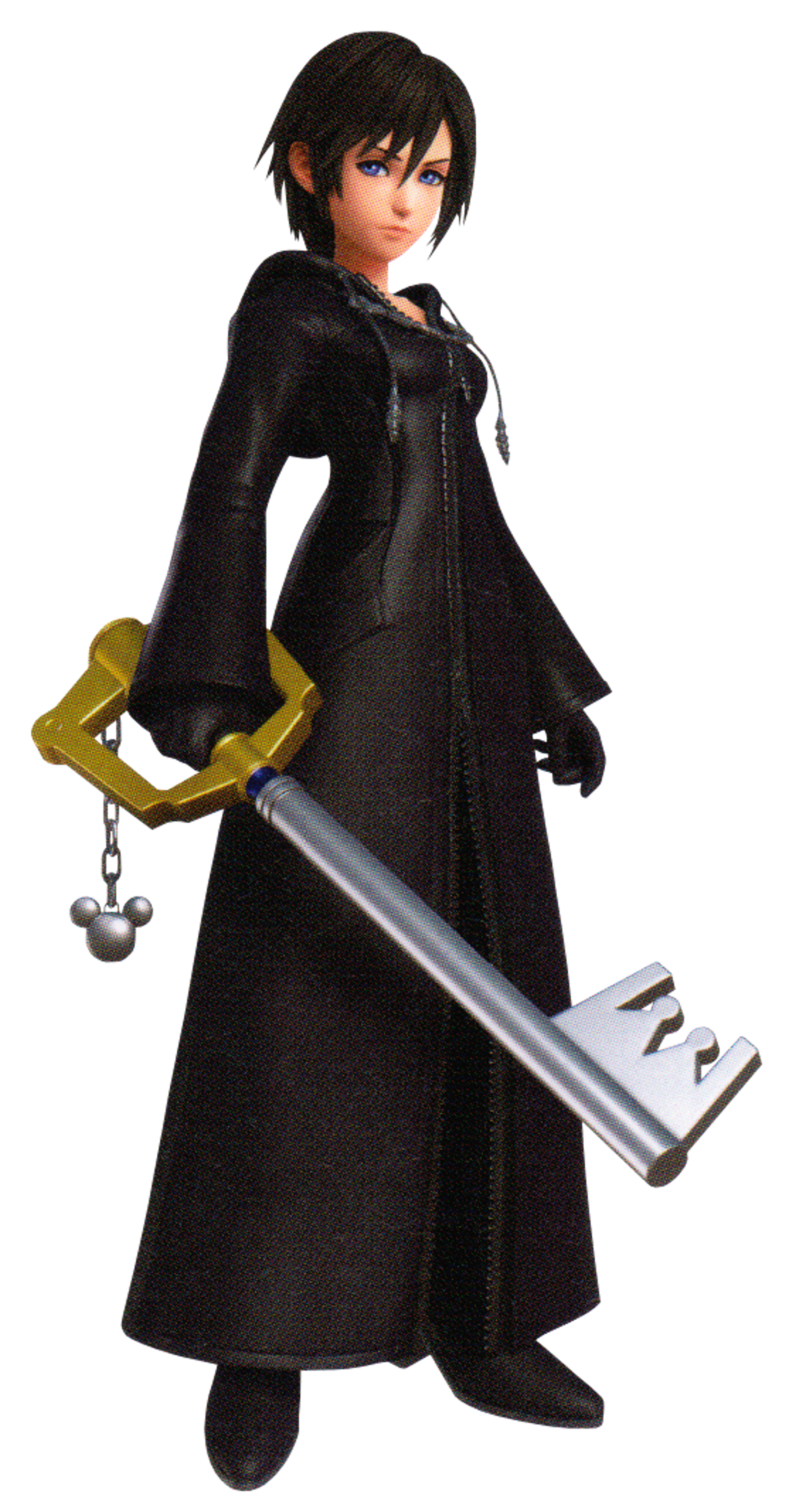 A young female character in a black coat holding a Keyblade weapon