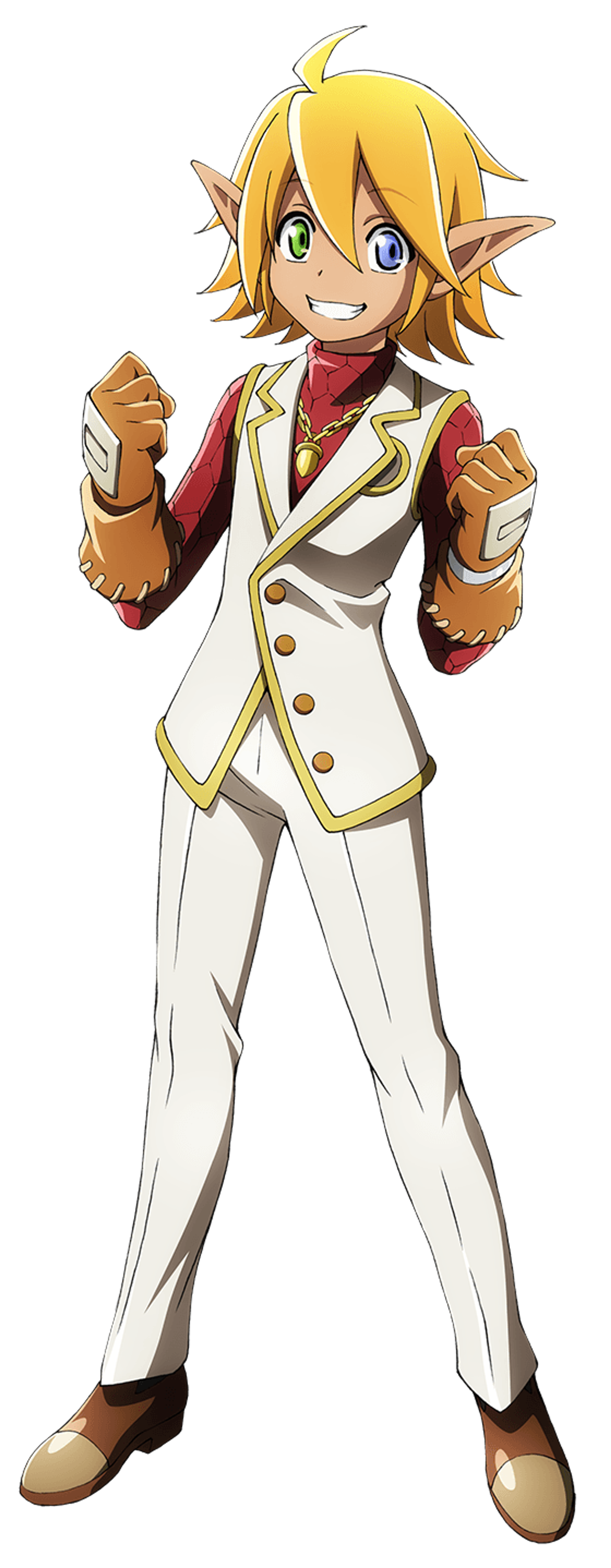 A confident, cheerful dark elf character in a white suit with gold accents