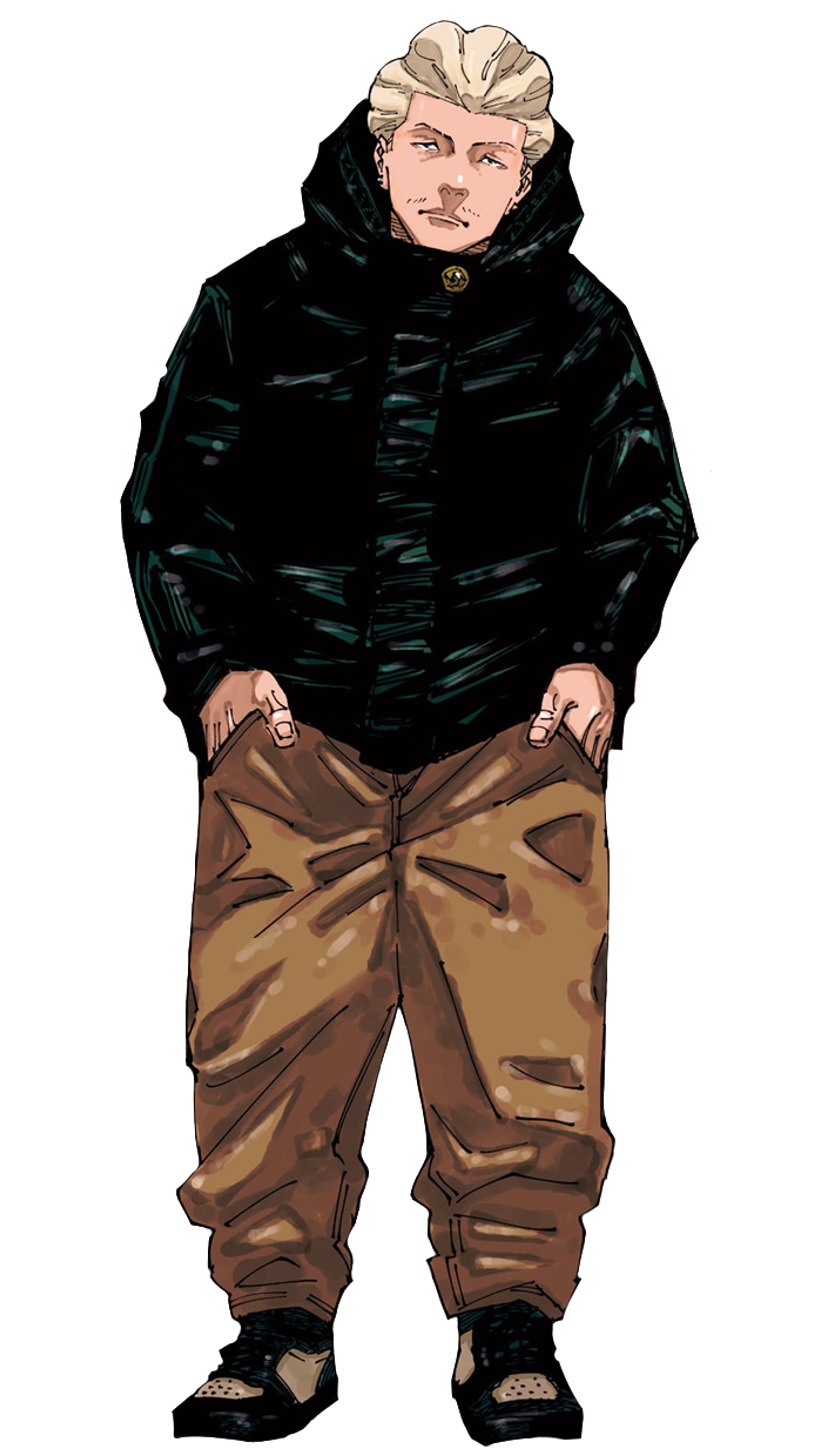 A young man with a wild blonde afro wearing a black jacket and brown pants