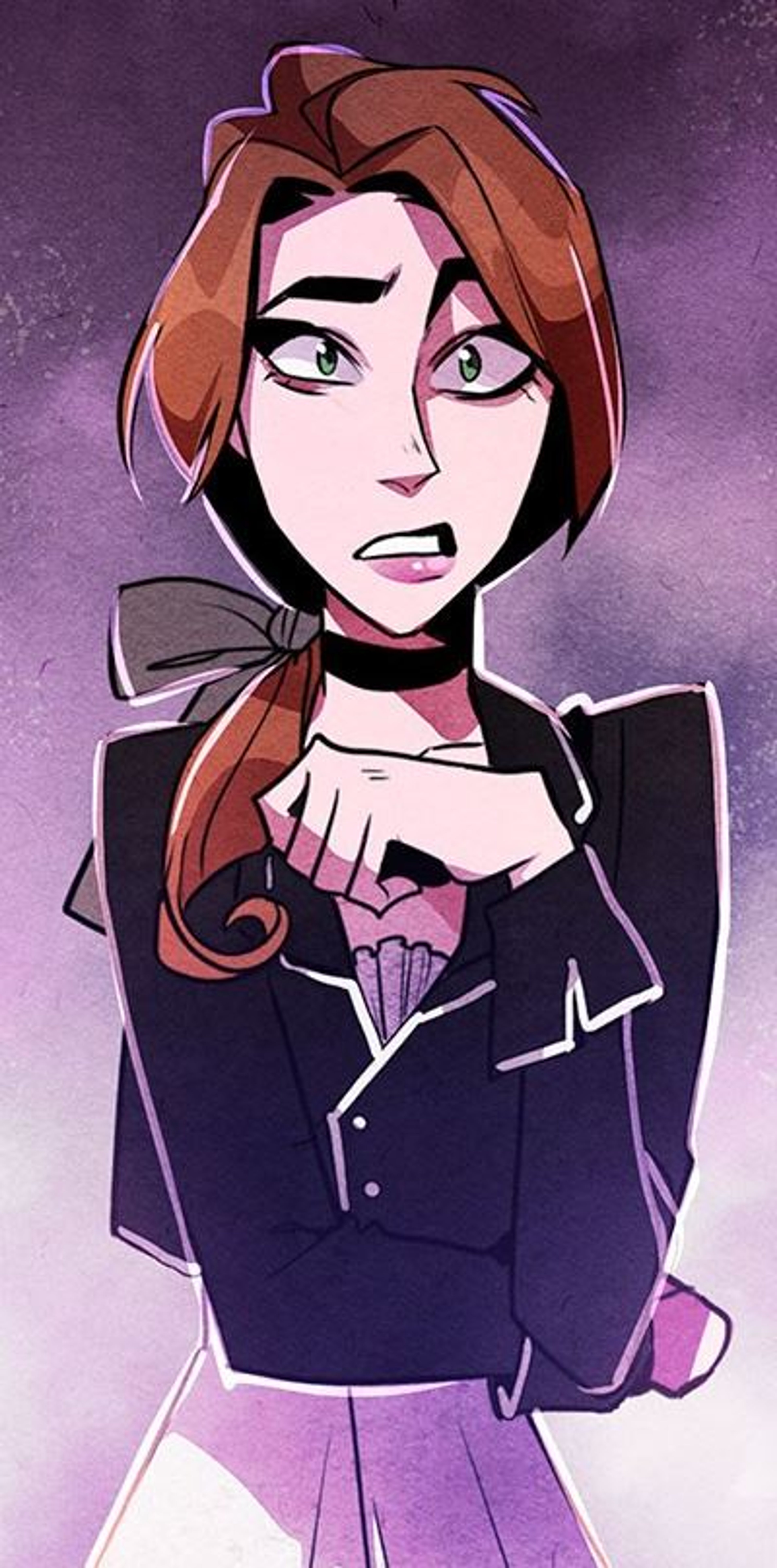 A young woman in a black suit jacket with a bow tie, with a determined expression on her face.