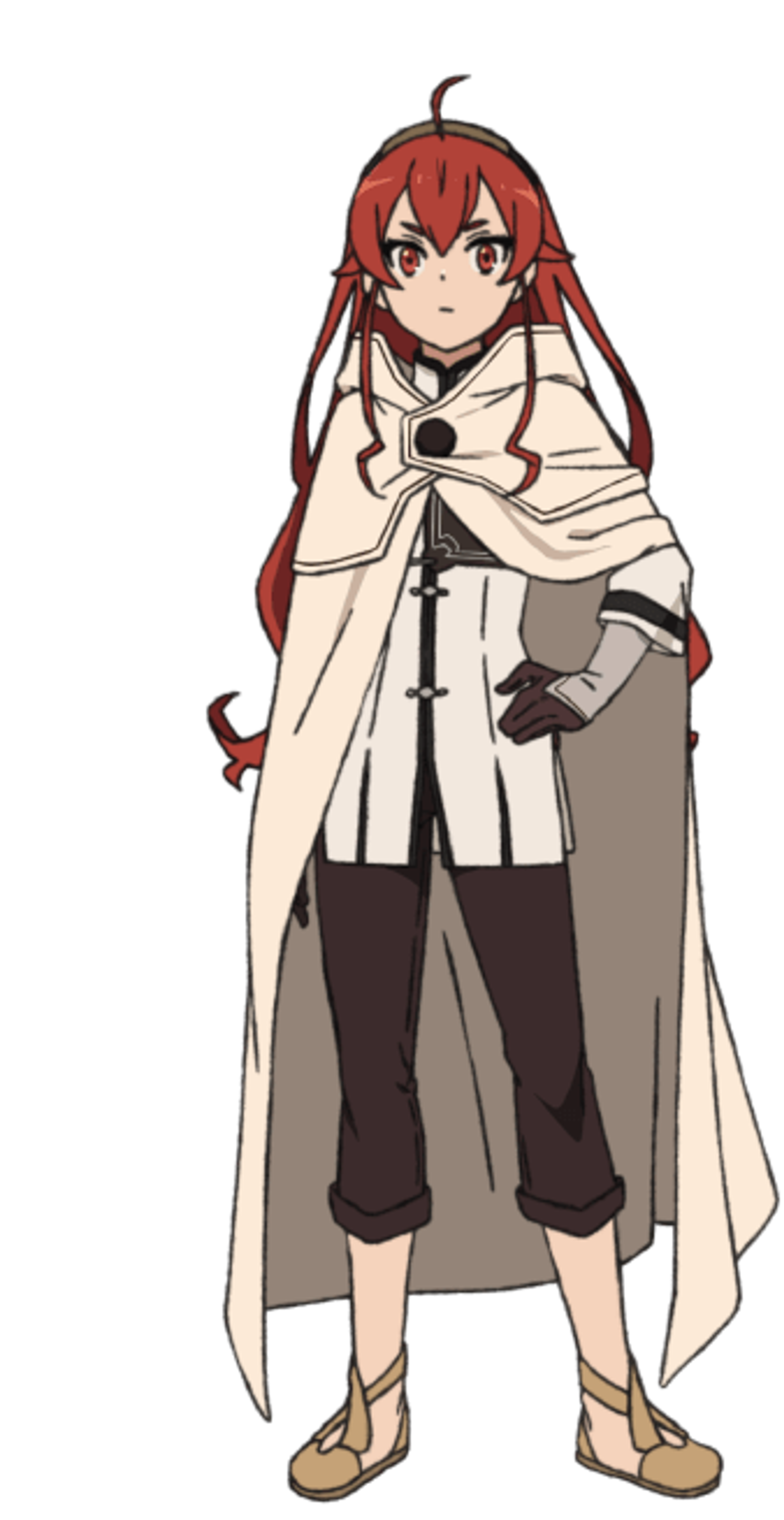 An anime-style character with red hair and a white cloak, standing in a confident pose.