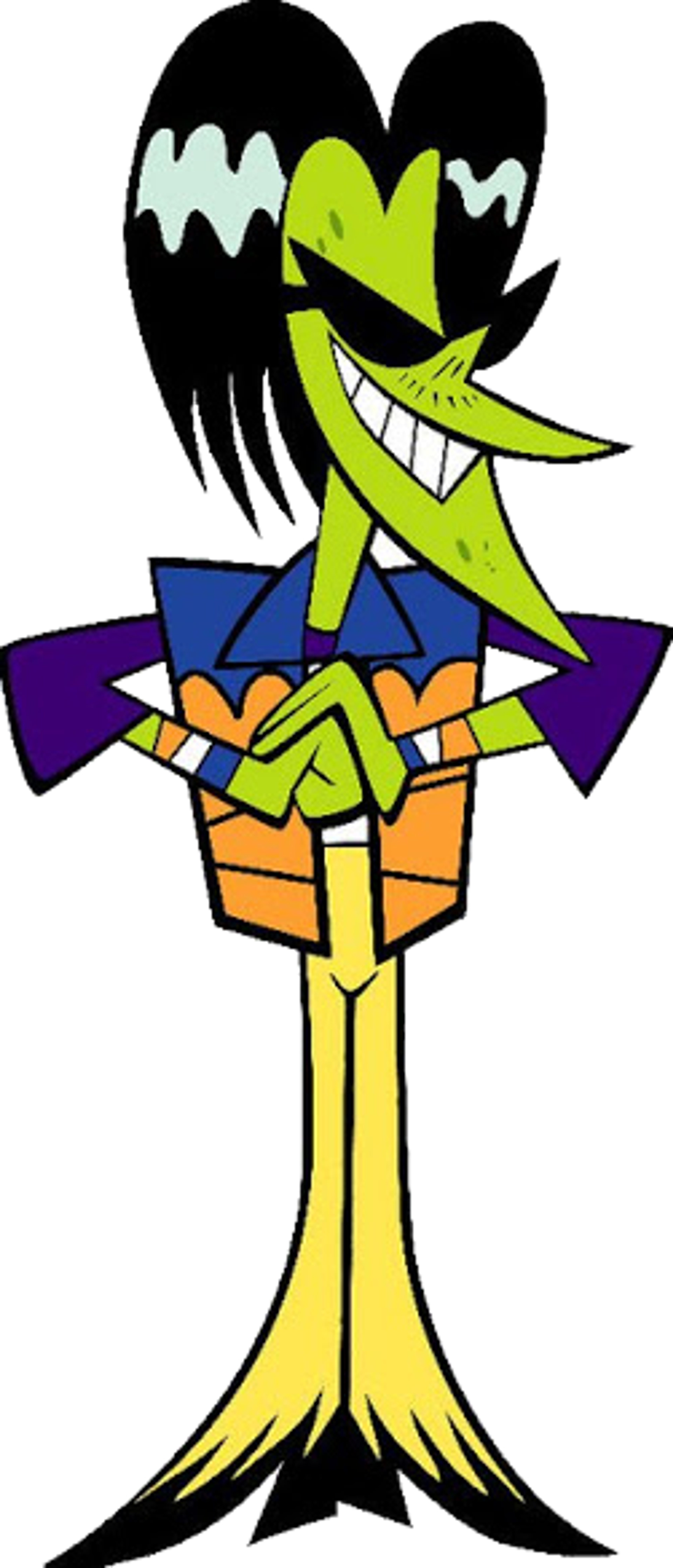 A cartoon character with a green, humanoid appearance and a large, toothy grin.