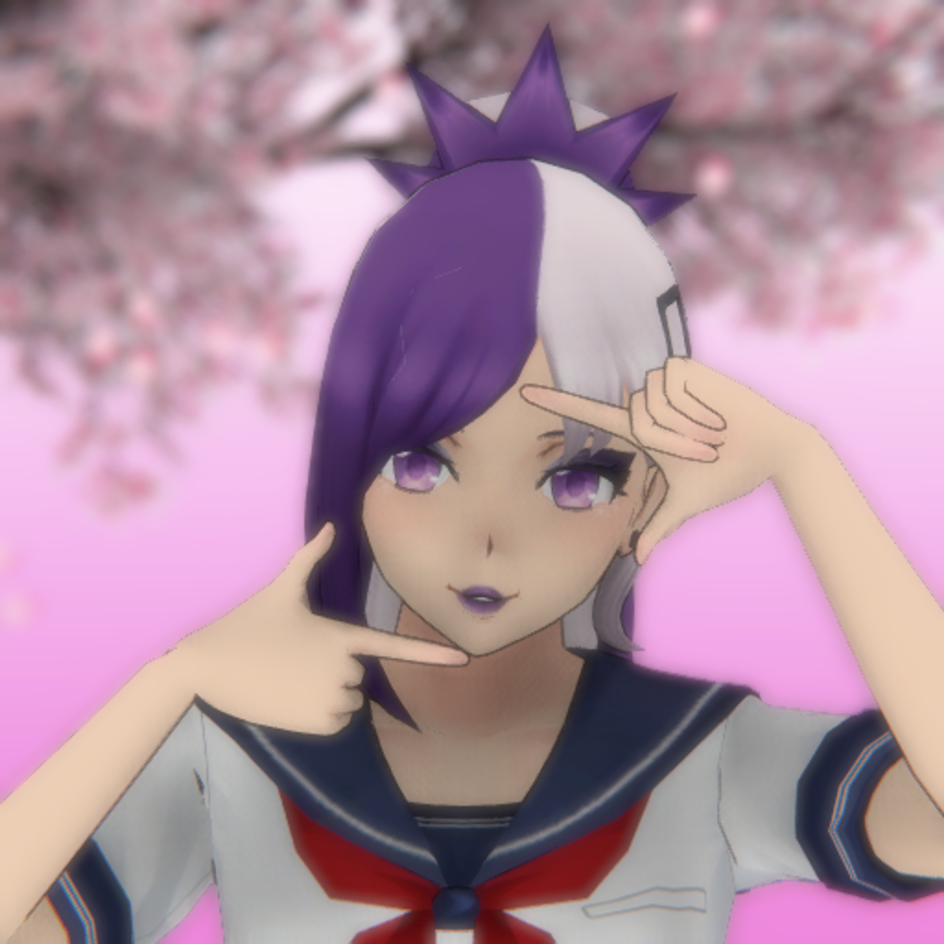An anime-style character with light gray and dark purple hair in a ponytail, wearing a school uniform.
