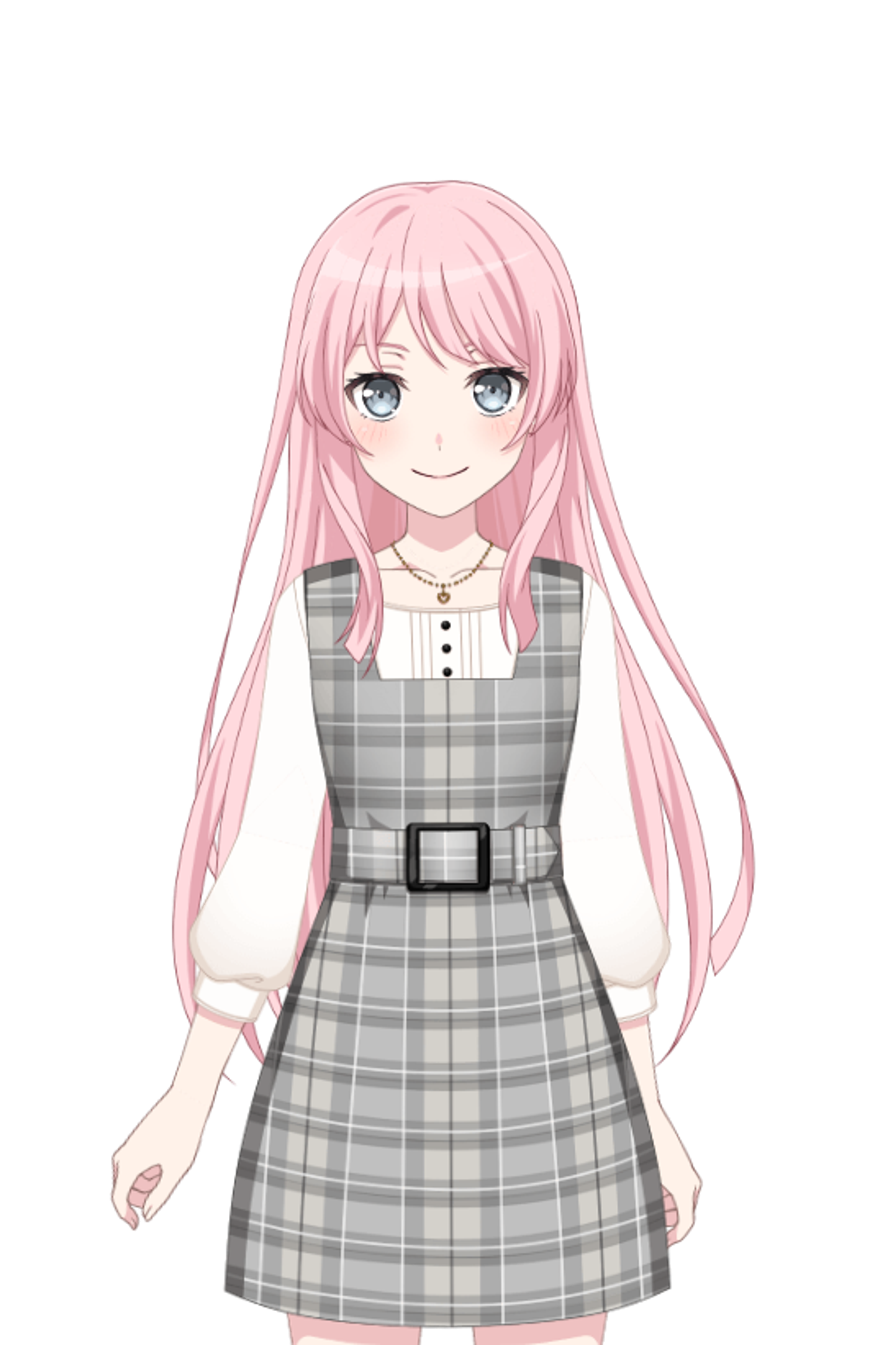 A young woman with pink hair and a plaid dress