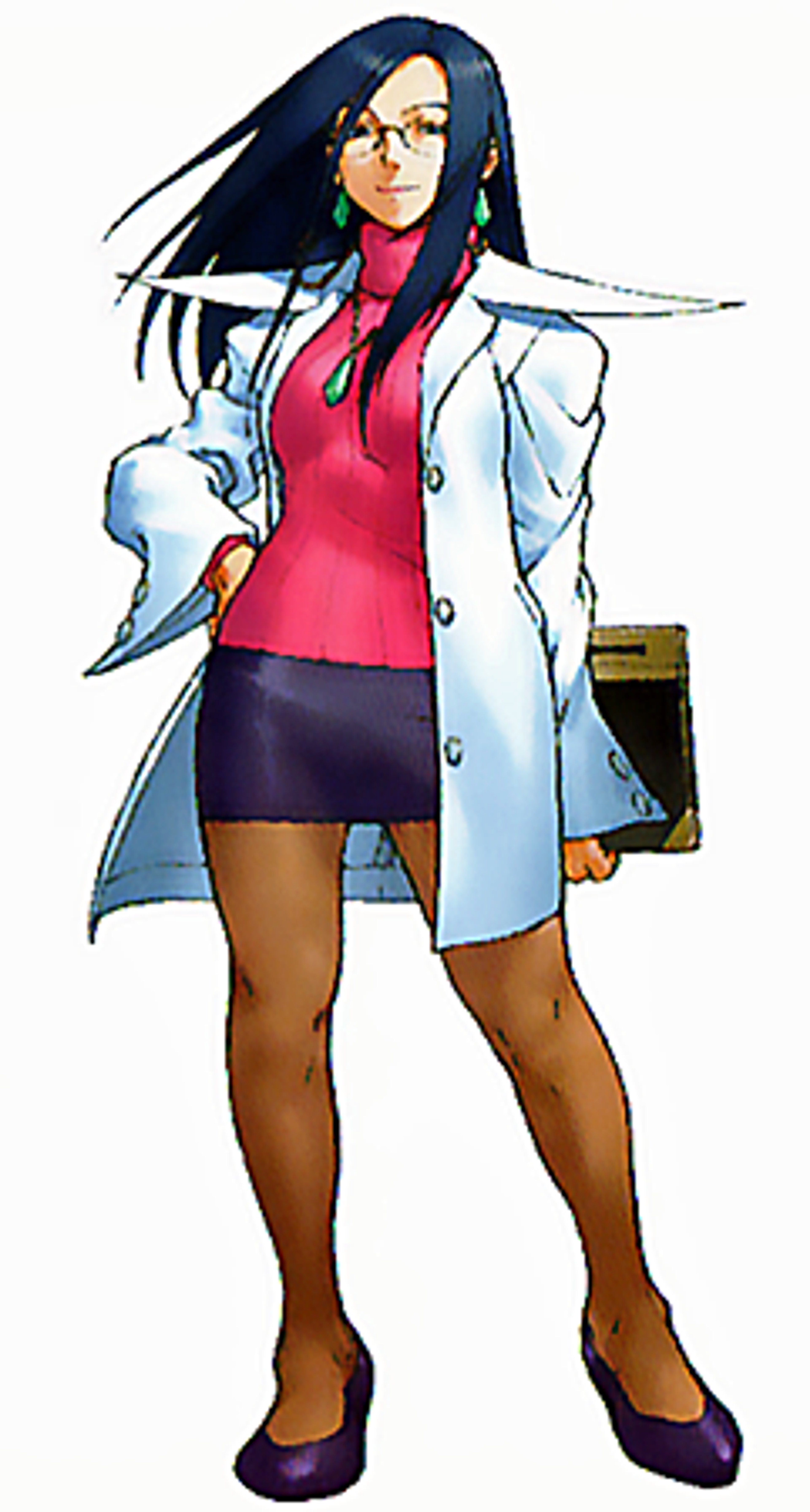 A confident, professional-looking young woman in a white lab coat and red top.