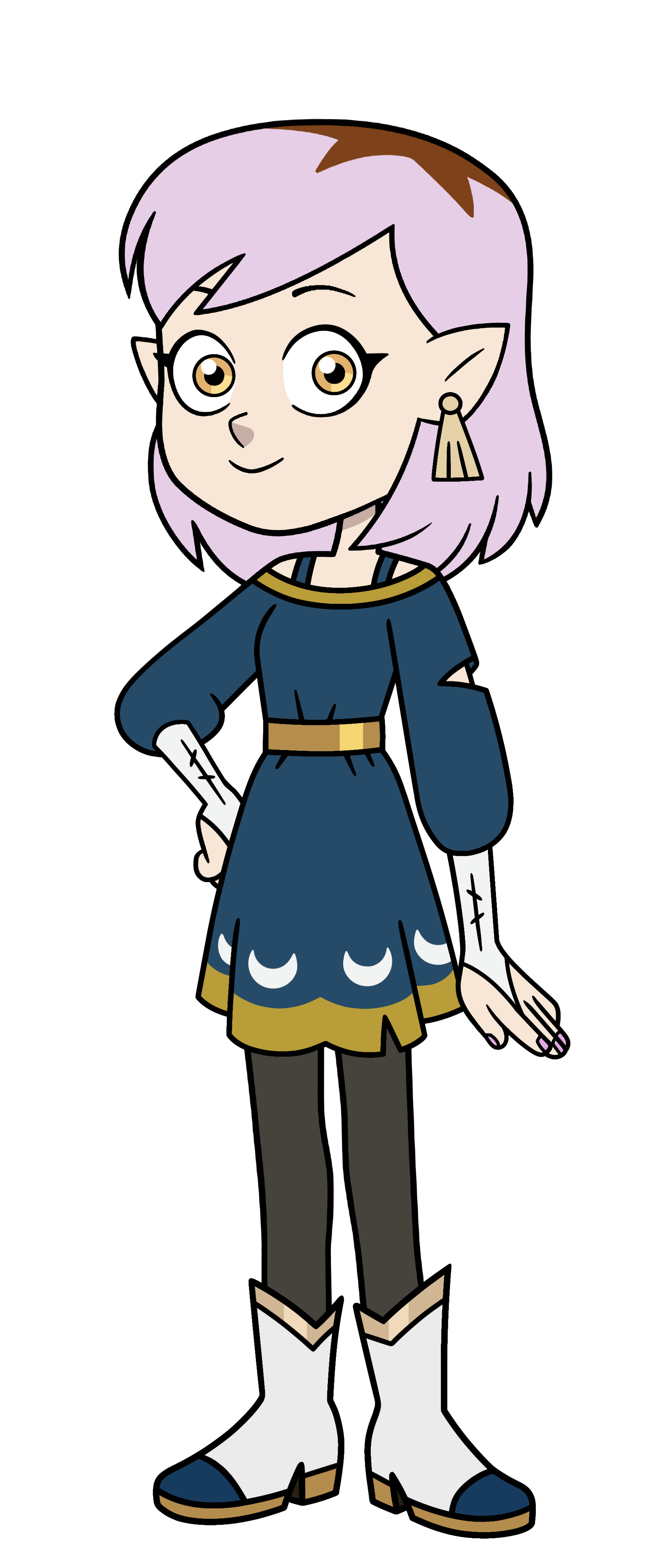 A young female character with mint green hair and golden eyes, wearing a blue uniform with a skirt and boots.